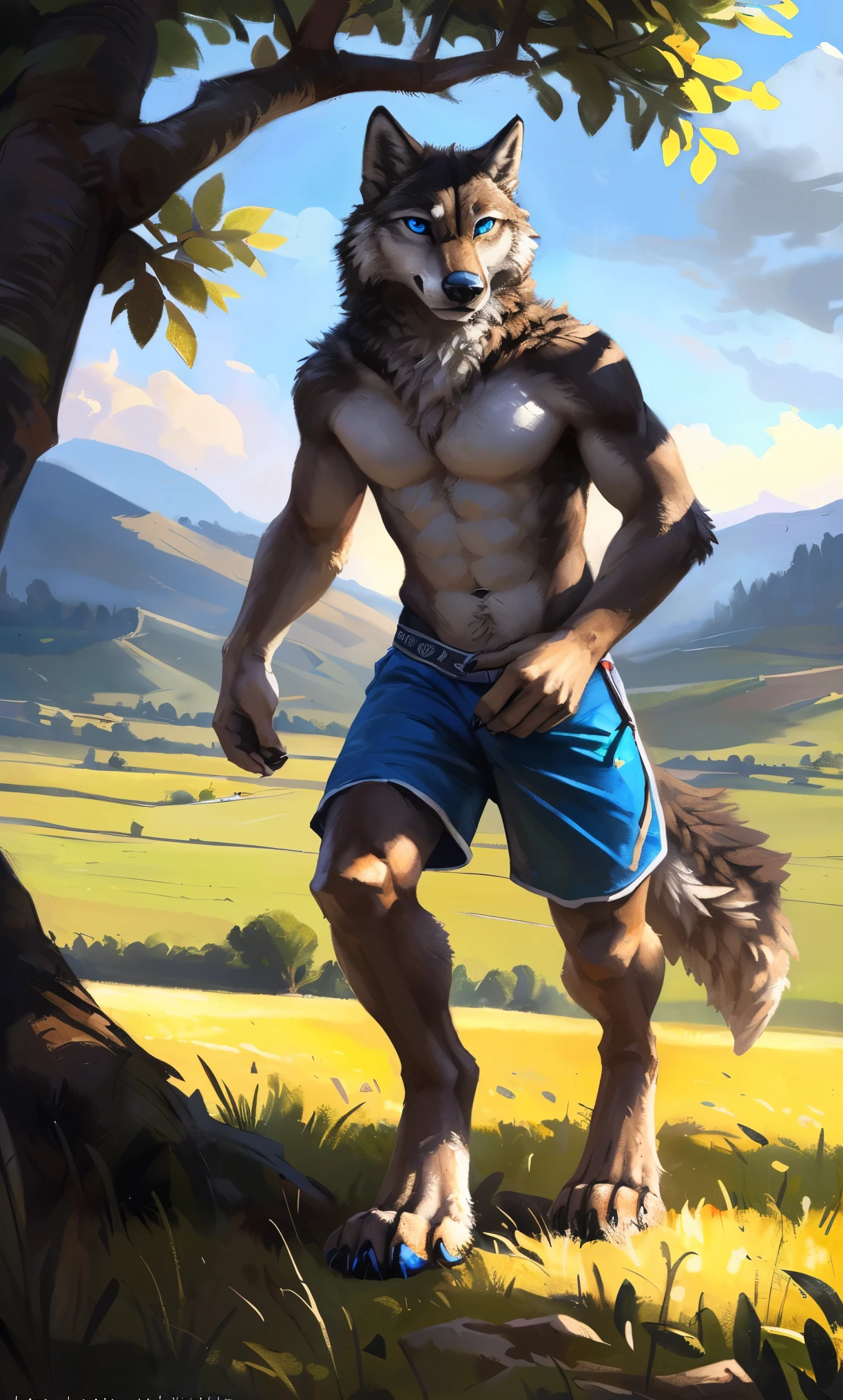 ((Solo)), male people, anthro wolf, (Multi-colored fur, White-brown:1.3，White tail pointed), (Height 2.1m,Tail length 1.2m), ((Wolf face, Big eyes, White eyelids, Blue pupil, Slim:1.2) (Tough, Calm expression:1.2)), Abs, Slim, pinging)), (Correct anatomy), (Work shorts:1.1), The upper body  naked, (detailed outfits),A long big tail，Feet，(Realistic fur, Detailed fur texture, labeled:1.3)), (Natural lighting), Photorealistic, Hyperrealistic, ultradetailed, by Kenket，Field，erect through，Running on