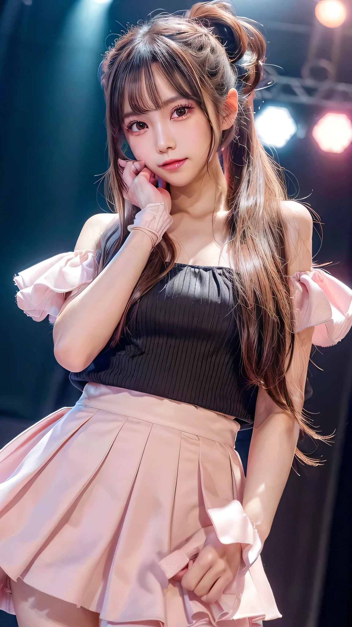 blush,small breasts,,long hair ponytail,singing on stage,close up of face,((8K, Raw photo, best quality, muste piece:1.2), (Reality, photorealistic:1.4), (Highly detailed 8K wallpaper), Depth of the bounds written, cinematic lighting, soft light, detailed beauty eye,Shiny and smooth light brown ponytail, asymmetrical bangs, shiny skin, super detailed skin ,high resolution, high detail, detailed hairstyle, detailed beauty face, hyper real, perfect limbs, perfect anatomy ,1 Japanese girl,famous japanese idol, perfect female body,shy smile,short eyelashes,double-edged eyelids,look straight here,Hair style is ponytail、Pink colored long dress with lots of ruffles, softly shaped skirt, standing on stage,pink ribbon on head,She wears a long skirt with lots of frills.,Neat clothes