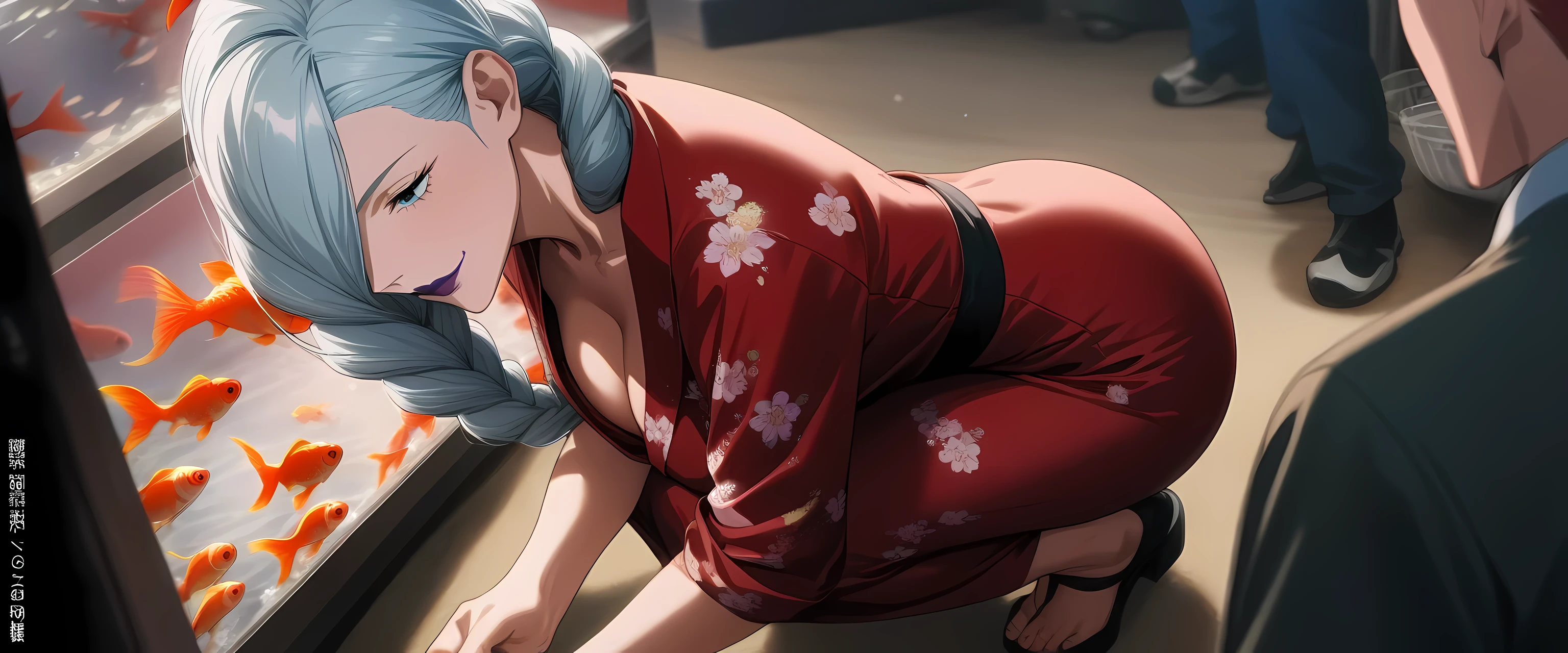 1girl, mei mei \(jujutsu kaisen\), jujutsu kaisen,  [dandon fuga : official art : 12],  wide shot, full body, long shot, whole body, from above, masterpiece, best quality, newest, absurdres, very aesthetic, more detail XL, Visual Anime, BREAK, aged up, solo focus, blue eyes, mature female, large breasts, cleavage, {{curvy}}, wide hip, thick lips, purple lips, hair over one eye, braided bangs, red yukata, floral print yukata, BREAK, squatting, goldfish scooping, looking at, fishtank, concentrating, holding poi_(goldfish_scoop), smile, summer festival, night, 