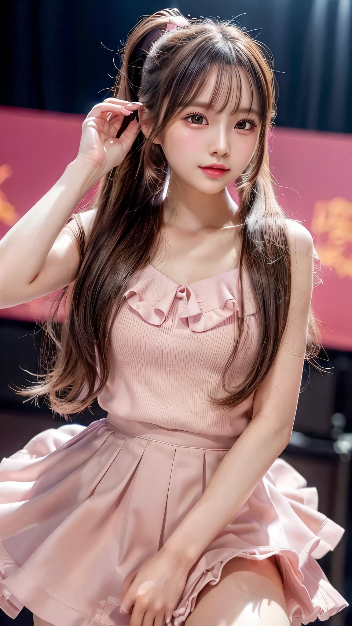 blush,small breasts,,long hair ponytail,singing on stage,close up of face,((8K, Raw photo, best quality, muste piece:1.2), (Reality, photorealistic:1.4), (Highly detailed 8K wallpaper), Depth of the bounds written, cinematic lighting, soft light, detailed beauty eye,Shiny and smooth light brown ponytail, asymmetrical bangs, shiny skin, super detailed skin ,high resolution, high detail, detailed hairstyle, detailed beauty face, hyper real, perfect limbs, perfect anatomy ,1 Japanese girl,famous japanese idol, perfect female body,shy smile,short eyelashes,double-edged eyelids,look straight here,Hair style is ponytail、Pink colored long dress with lots of ruffles, softly shaped skirt, standing on stage,pink ribbon on head,She wears a long skirt with lots of frills.,Neat clothes