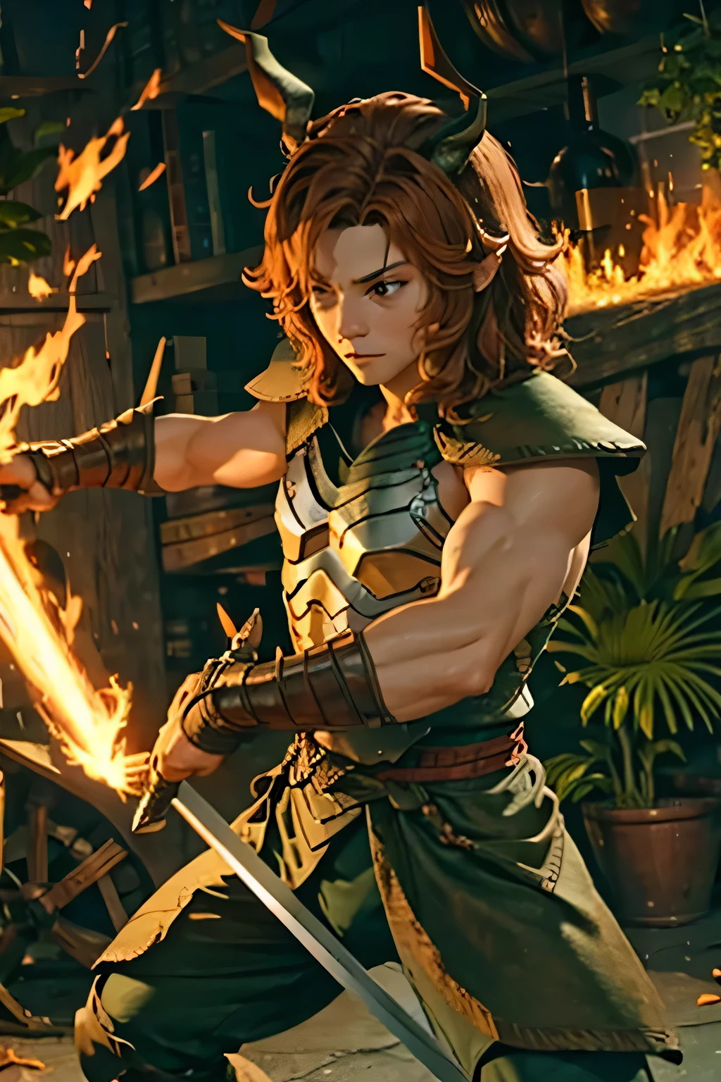 Bunny ears, muscular swordsman, armor, dragon,  flaming sword