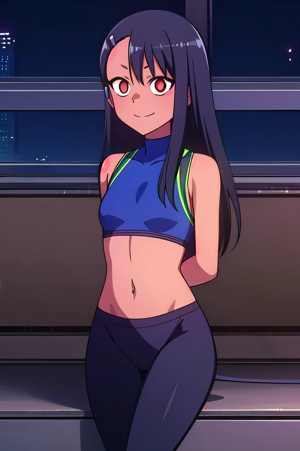1girl, solo,sitting, cyberpunk cityscape,night city \(city\), stealth in the city,small breast, masterpiece, professional artwork, famous artwork, perfect face,perfect eyes,nagatoro hayase, hair ornament, brown eyes,(glowing eyes:1.1), hairclip,dark skin, black hair,, cowboy shot, black hair, beautiful face, evil smile, evil eyes, ((perfect female body, narrow waist)), background city,yoga pants,cowboy shot,make her have some sexy pose