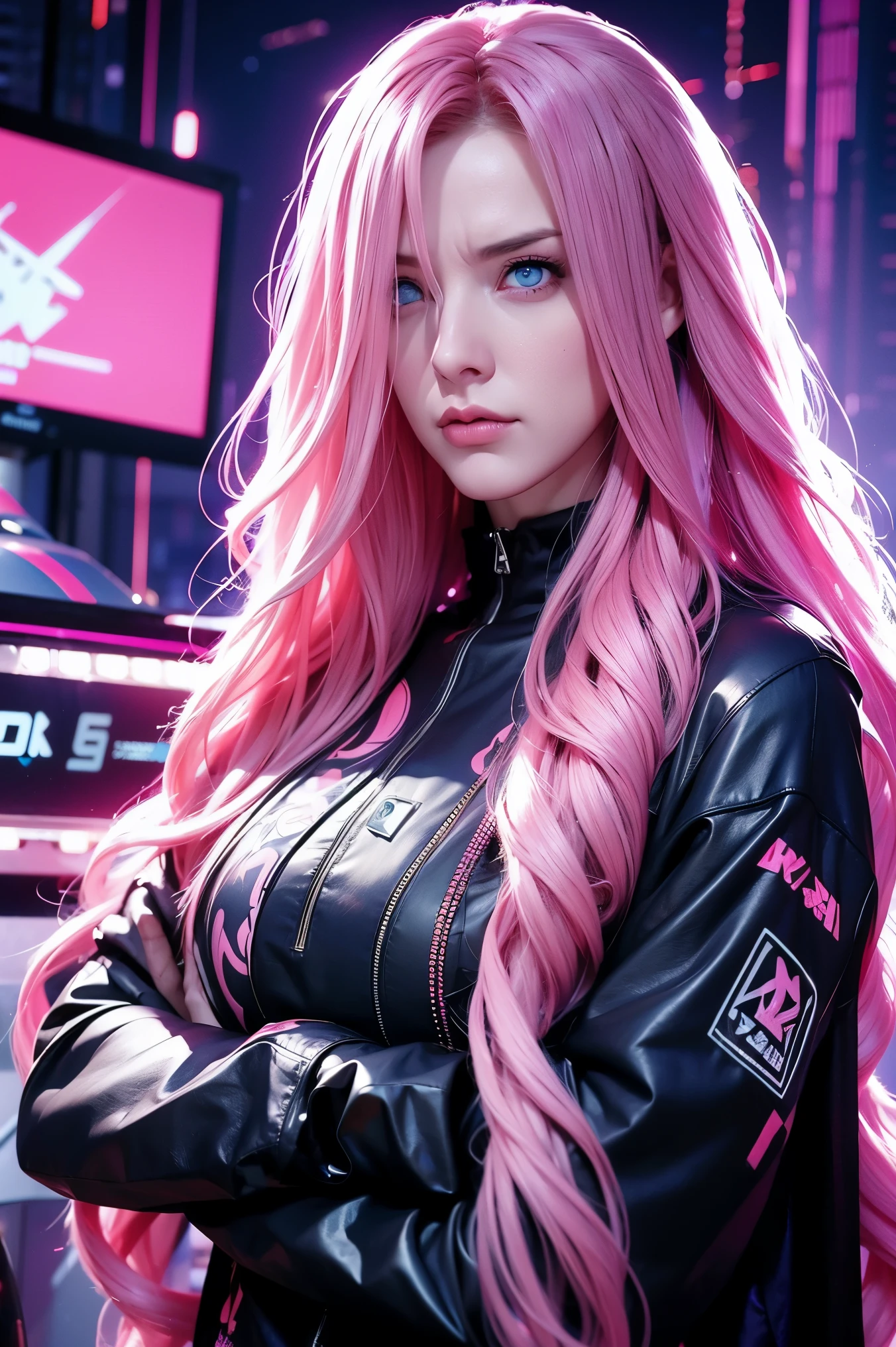Woman, long wavy hair, pink hair, blue eyes, angry expression, arms crossed, cyberpunk outfit, cyberpunk room, cyberpunk aesthetic