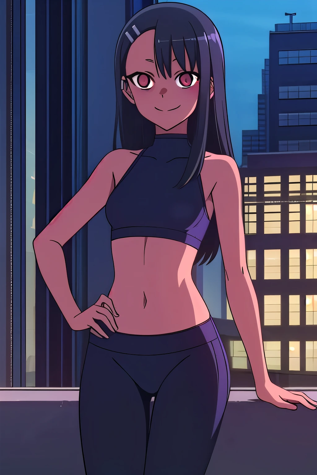 1girl, solo,sitting, cyberpunk cityscape,night city \(city\), stealth in the city,small breast, masterpiece, professional artwork, famous artwork, perfect face,perfect eyes,nagatoro hayase, hair ornament, brown eyes,(glowing eyes:1.1), hairclip,dark skin, black hair,, cowboy shot, black hair, beautiful face, evil smile, evil eyes, ((perfect female body, narrow waist)), background city,yoga pants,cowboy shot,make her have some sexy pose