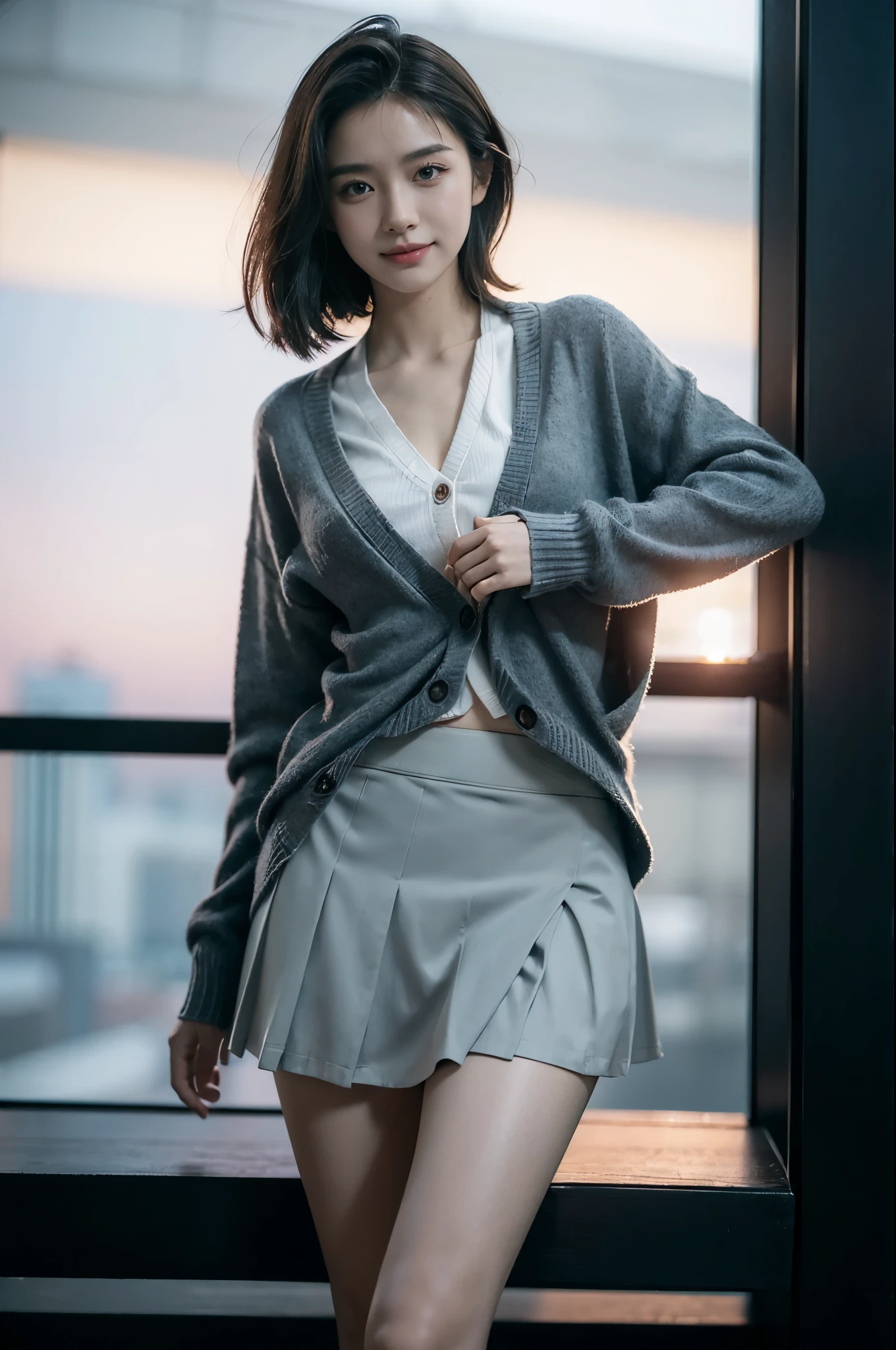 (((skirt rift:1.3))), (((lift skirt myself))), ((panties focus)), ((shool uniform)), ((Cardigan)), ((a miniskirt)), Modern old cityscape,  (NSFW), 1womanl, Solo, 24 year old, 7headed body, (cute  face), (Ideal ratio body proportions), (Composition from head to thigh), Smiling smile, erectile nipple, Sexy body, Wet, short-hair, Dark hair, small , A slender, Small buttocks, beauty legs, Skinny Legs, surrealism, Cinematic lighting, depth of fields, One-person viewpoint, F/1.8, 135 mm, nffsw, masutepiece, ccurate, ((Anatomically correct)), Textured skin, Super Detail, high details, High quality, awardwinning, Best Quality, hight resolution, 8K