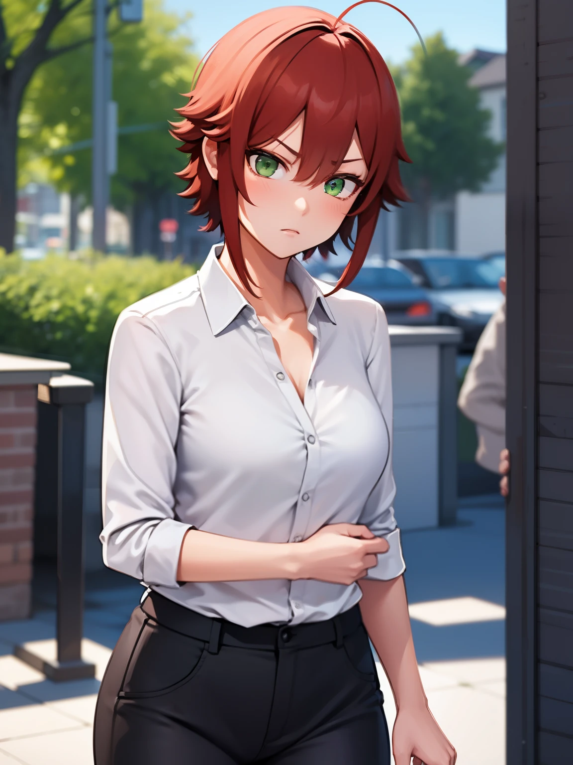 8k, best quality, masterpiece, ultra-detailed,1girl,solo, Stand,half body photo,Angry expression,green eyes, short hair, eyes,red hair,white shirt,Long-sleeved shirt,black trousers,ultra detail, ultra HD