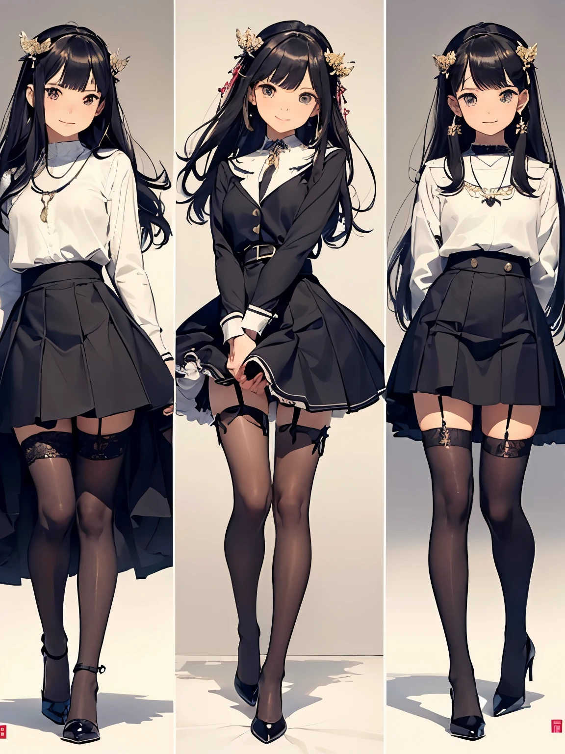 ((Biologically correct number of limbs))、(( Full body photo including face))、4K、((standing position))、masterpiece、((focus on the face))、((Symmetrical facial features))、Eyes with detailed description、Beautiful woman、outstanding style、beautiful arms、beautiful legs、beautiful hands、(small ass、thin thighs)、Detailed depiction of faces、small earrings、necklace、(Ruffled uniforms、skirt、high heels、stockings)、smile、Barely、sideways glance、expression of surprise、hair ornaments、