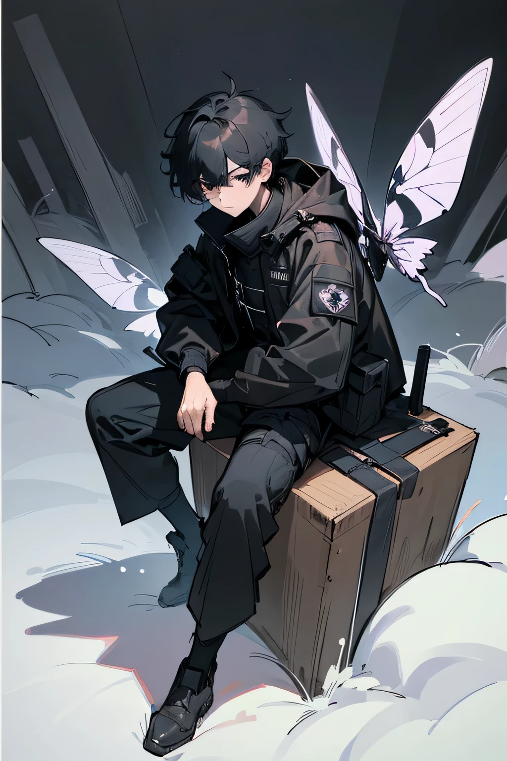 masterpiece,best quality,8k,accurate lighting,male,((boys)),standing on top of tall building,techwear,tactical,black parka jacket,open up parka jacket,night scenery,black cargo pants,black messy hair,black short hair,black eye,holding a sketch book,surrounded by small moths,Maine coon cats sits next to him,sitting