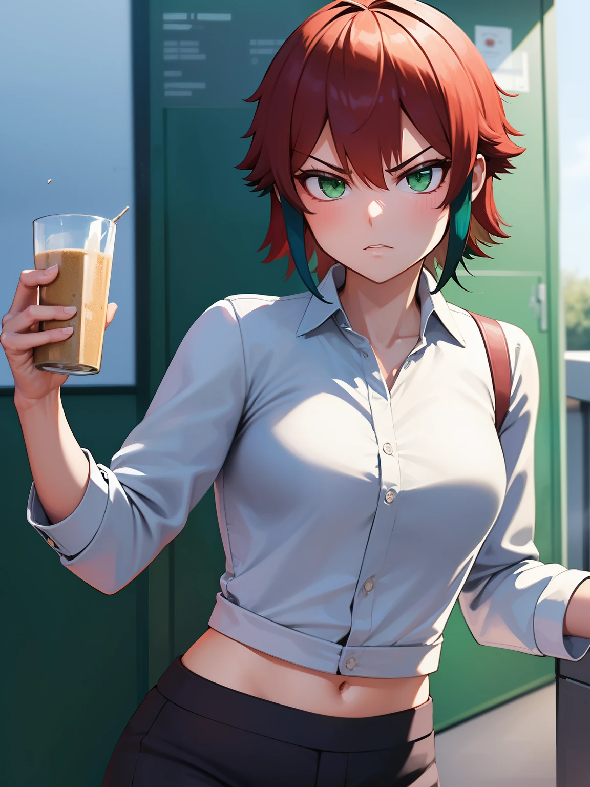 8k, best quality, masterpiece, ultra-detailed,1girl,solo, Stand,half body photo,Angry expression,Green hair, green eyes, short hair, eyes,red hair,white shirt,Long-sleeved shirt,black trousers,ultra detail, ultra HD