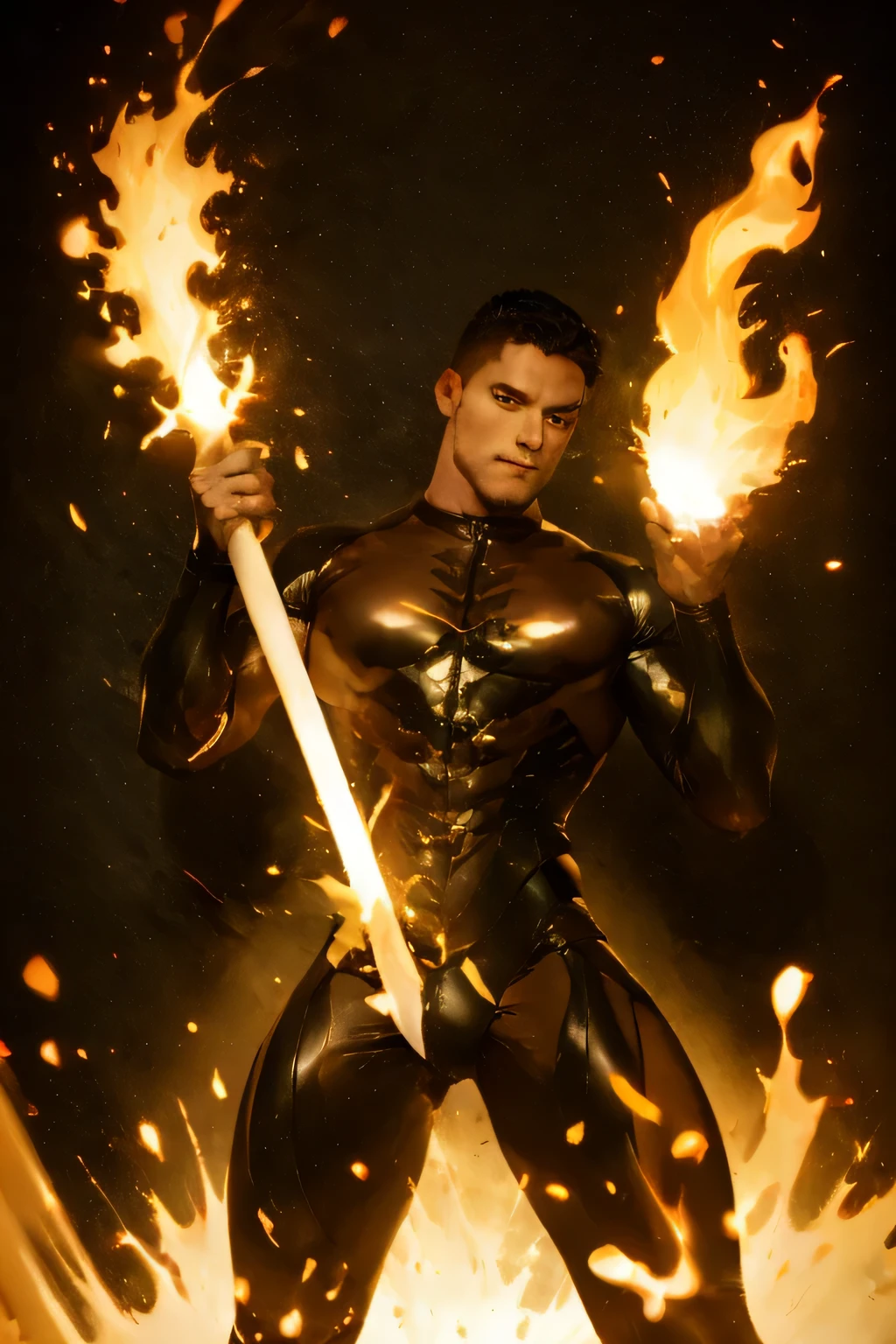 Bunny ears, muscular swordsman, armor, dragon,  flaming sword