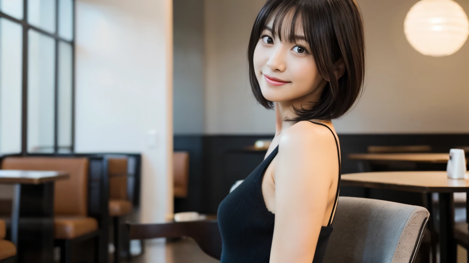 japanese woman, Beauty salon model 30 years old, slender body shape, small breasts, very thin waist, beautiful face, beautiful eyes, black short hair, She wears tight, Short gray knit dress with open back design., Sitting in a fashionable café, look back at you kindly, 1 girl, alone, detailed face and eyes, small fingers and arms. full body photo. realistic, realistic.