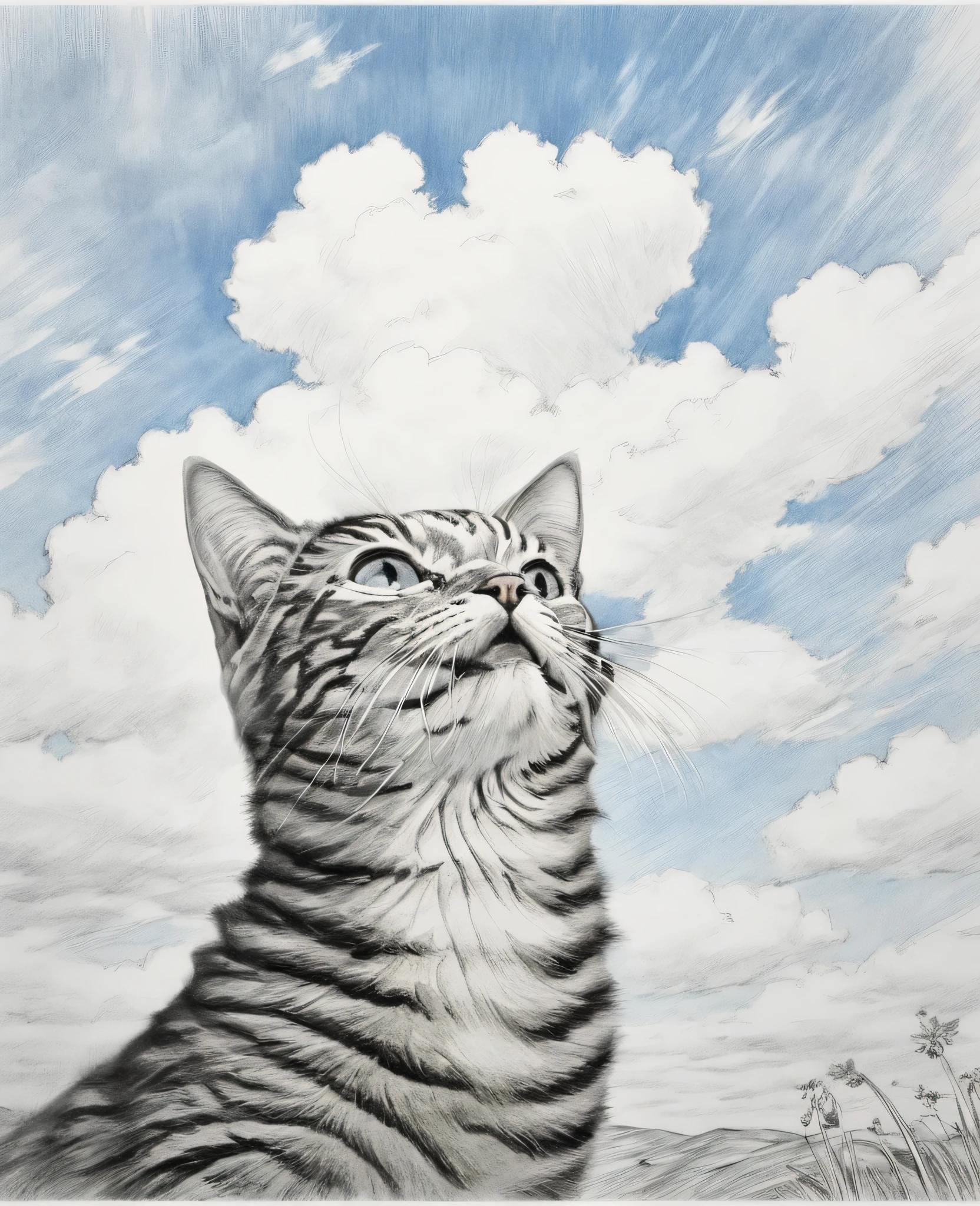 (PE pencil drawings:1.6), Cat and blue sky、spring sky and beautiful cat、Landscape photography of vast fields、(A view from below of the sky and the wilderness below)、Cat looking up at the blue sky and raising its right hand、Draw a big picture of the sky、table top、highest quality