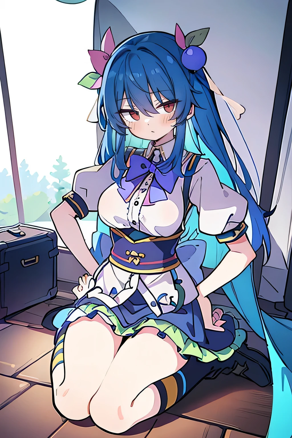 (masterpiece),best quality, expressive eyes, perfect face, 1girl,
Big breasts, H cup, Good breasts, Put your hands on your waist,fair, Gorgeous,Japanese cartoons,girl,lola,Hina Angel, blue hair, blue haired,tent , tent chest, tent breast, floating clothes,Grab your waist, Grab your waist, hands on hips , hands on hips,sit, sit on ground, Legs on the ground
