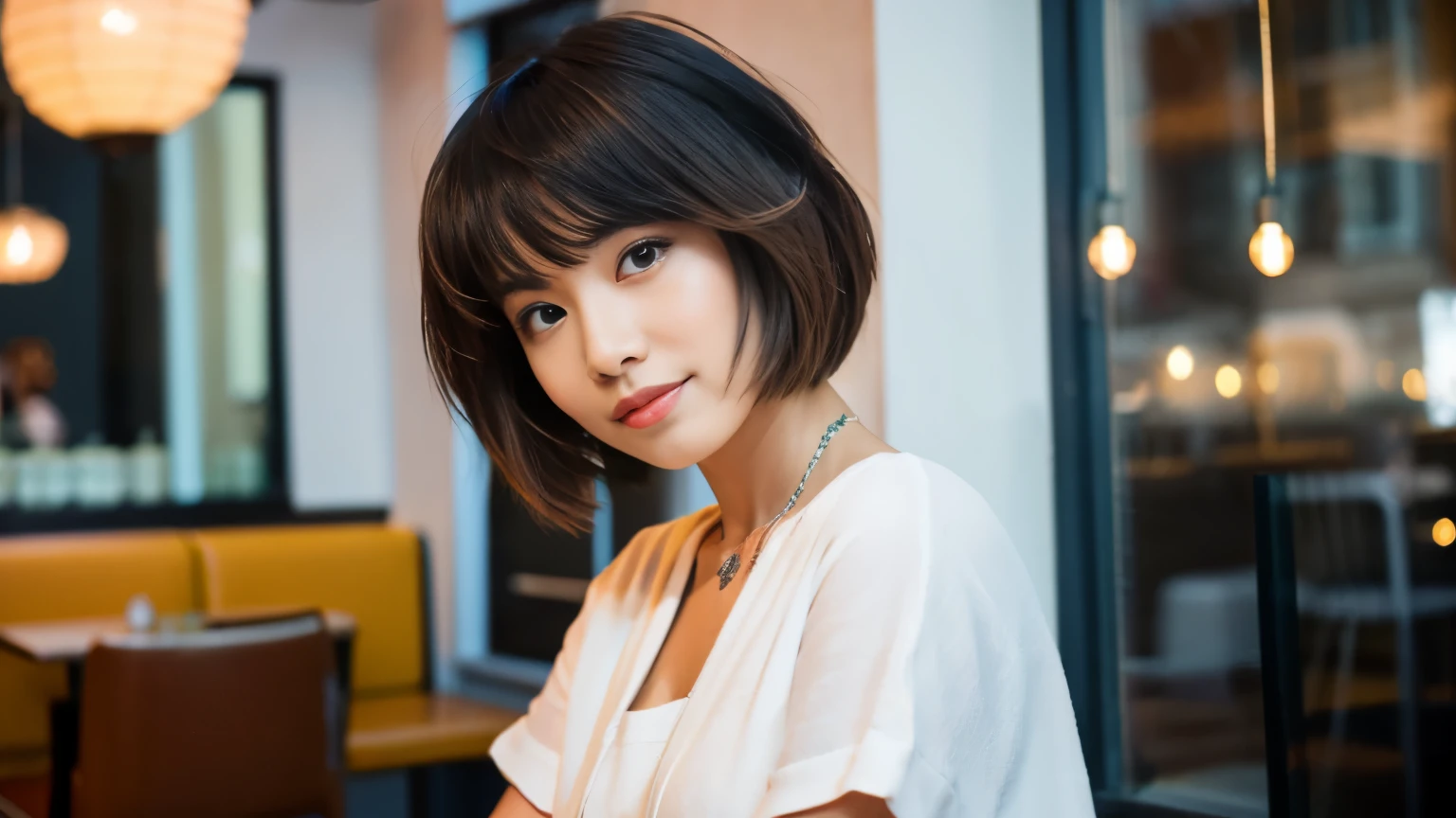 ,beauty salon model,haircut model woman,Photographed inside the cafe,Stylish cafe in New York