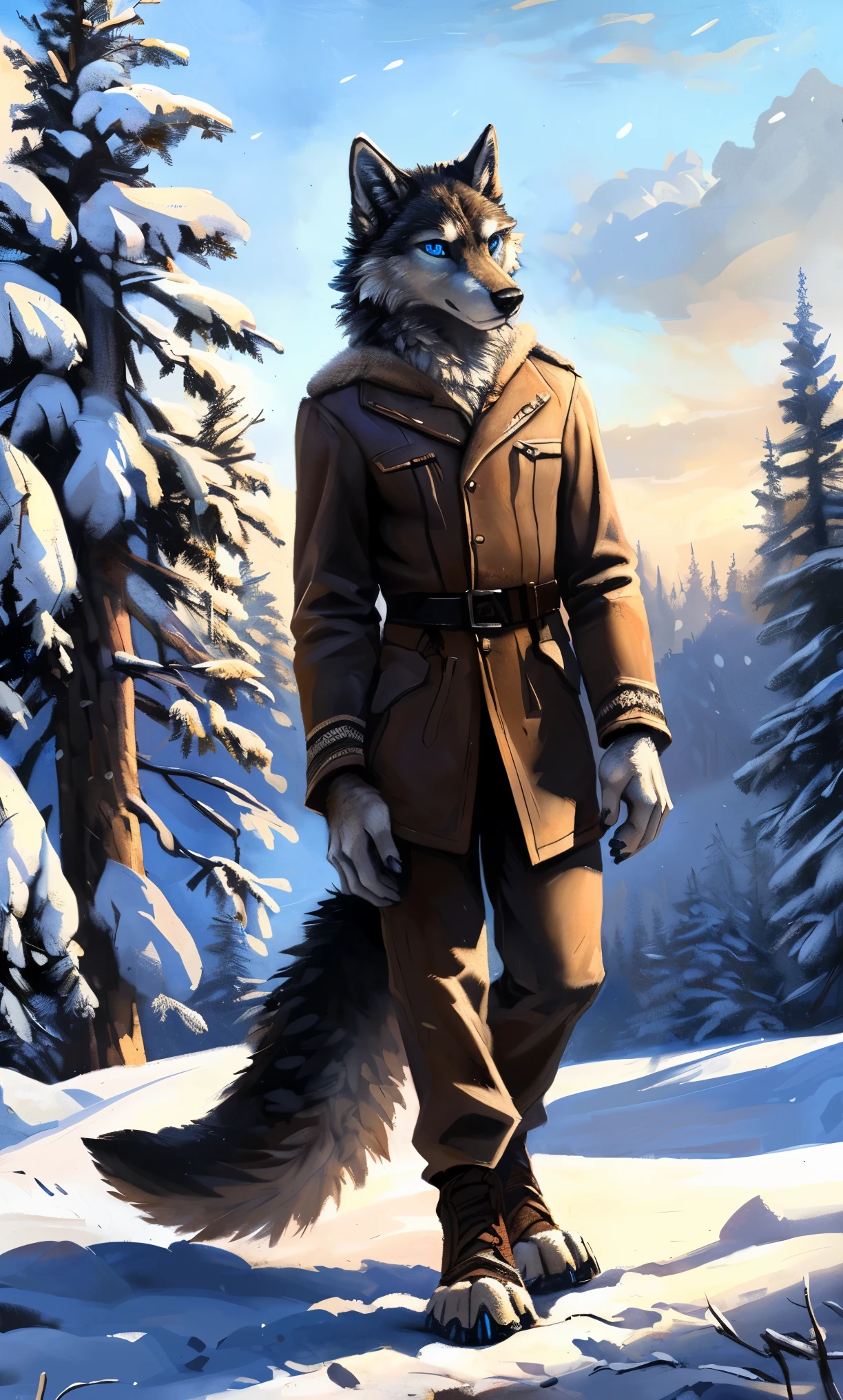 ((Solo)), male people, anthro wolf, (Multi-colored fur, White-brown:1.3，White tail pointed), (Height 2.1m,Tail length 1.2m), ((Wolf face, Big eyes, White eyelids, Blue pupil, Slim:1.2) (Tough, Calm expression:1.2)), Slim, pinging)), (Correct anatomy), (Winter clothing:1.1), The upper body  naked, (detailed outfits),A long big tail，Feet，(Realistic fur, Detailed fur texture, labeled:1.3)), (Natural lighting), Photorealistic, Hyperrealistic, ultradetailed, by Kenket，Snowfield，erect through，Running on