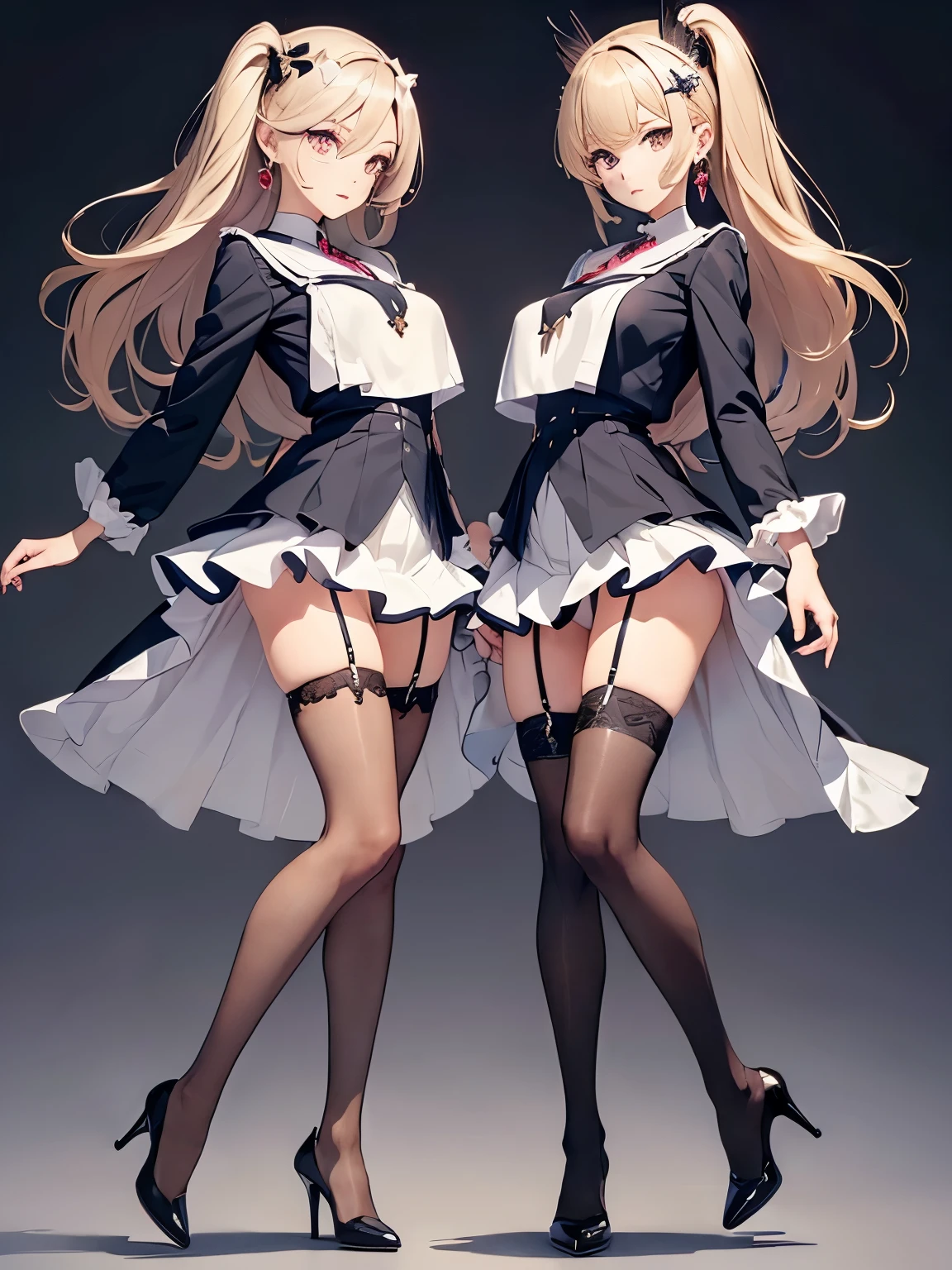 ((Biologically correct number of limbs))、(( Full body photo including face))、4K、((standing position))、masterpiece、((focus on the face))、((Symmetrical facial features))、Eyes with detailed description、Beautiful woman、outstanding style、beautiful arms、beautiful legs、beautiful hands、(small ass、thin thighs)、Detailed depiction of faces、small earrings、necklace、(Ruffled uniforms、skirt、high heels、stockings)、sideways glance、hair ornaments、