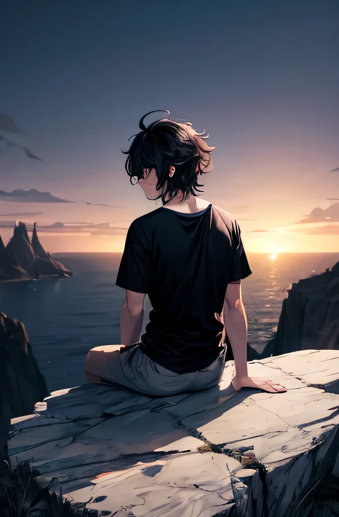 boy, blue glowing eyes (black hair, white t-shirt, white skin, messy hair) sitting on the edge of a cliff, facing away from camera (back facing the camera), looking out into the dusk sky where the shadow of a dragon is flying in the far distance