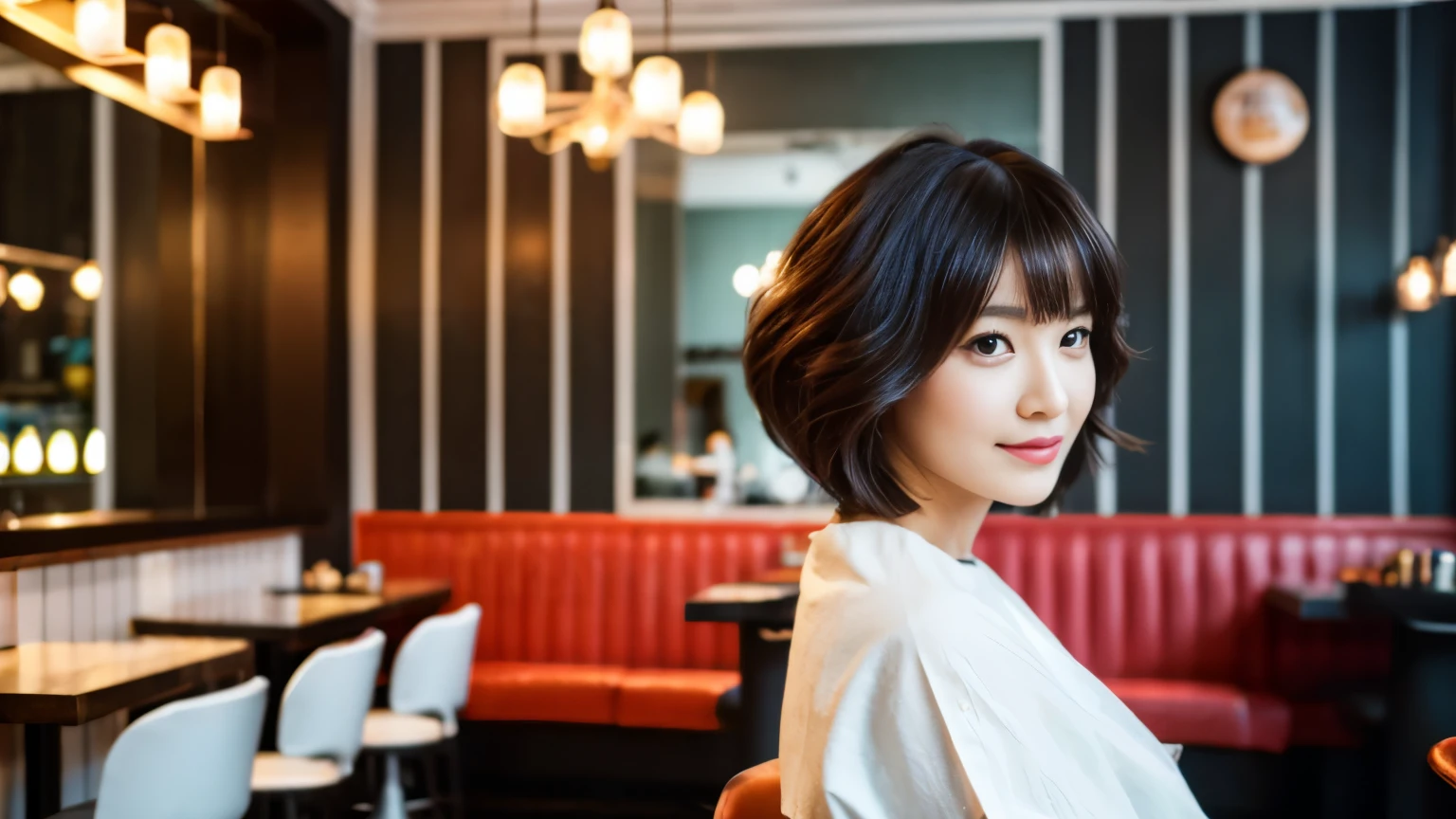 ,beauty salon model,haircut model woman，Photographed inside the cafe,Stylish cafe in New York, Reader model