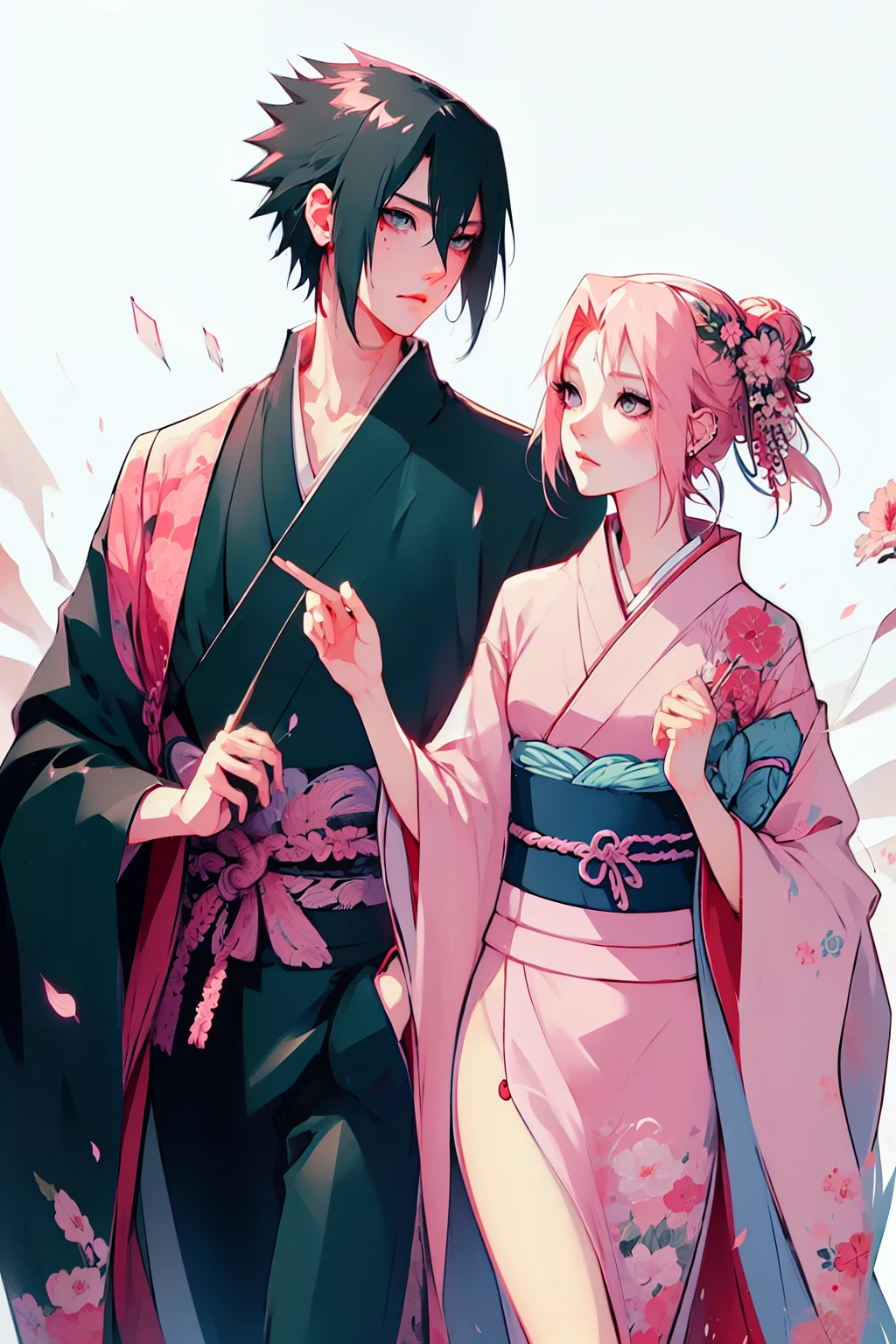 Sasusaku. Sasuke, the tall, handsome man with chiseled features, piercing black eyes, and black hair. He's wearing a kimono, he's a prince. The woman is sakura, equally stunning with soft features and delicate features, her hair is short and pink that falls elegantly around her face, adding to her romantic and dreamy appearance. She is wearing a kimono. The couple is in a ceremony at a temple. hands down.