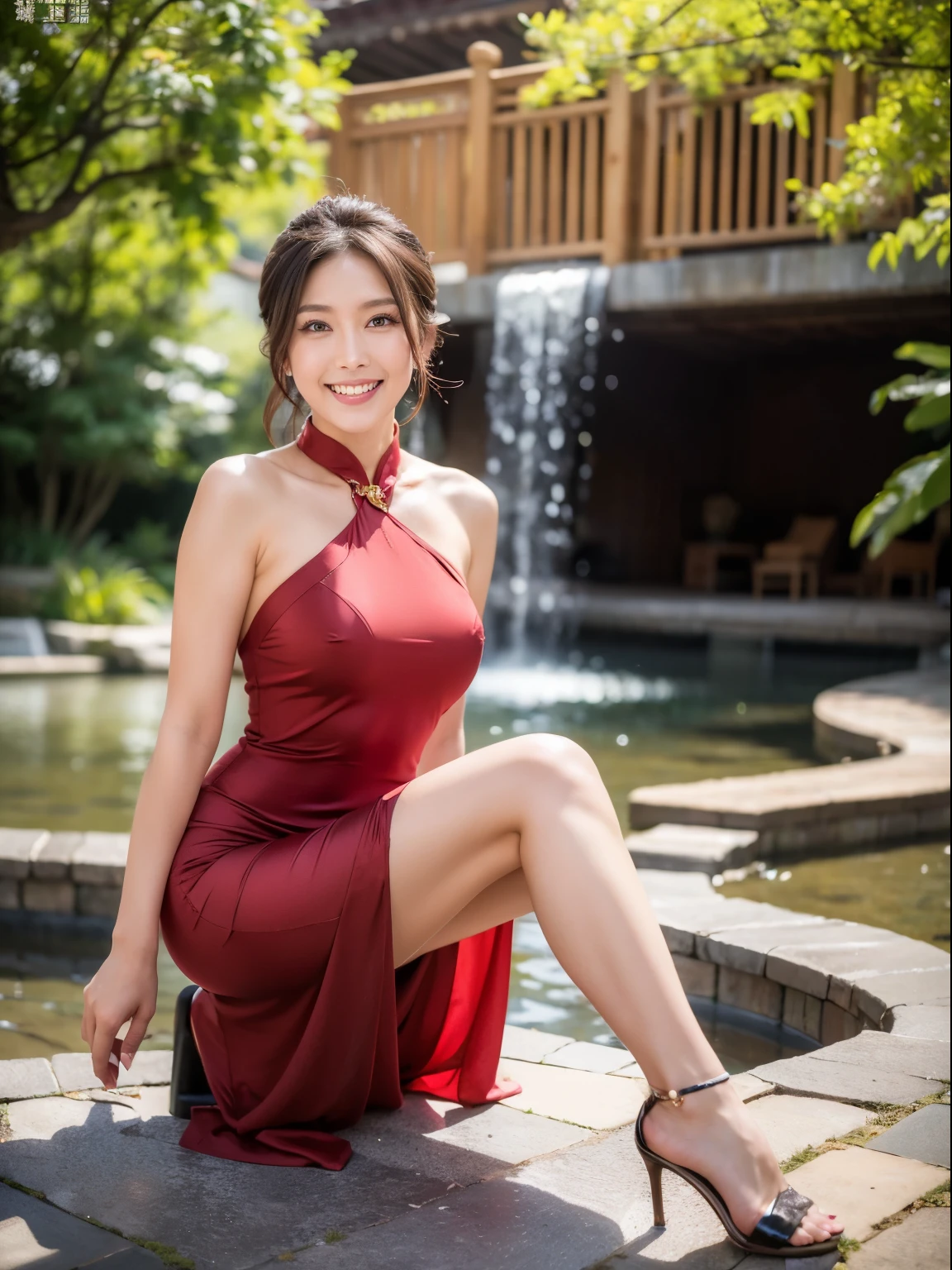 (Raw photo:1.2), (realistic:1.4),beautiful detailed woman,非常にdetailed eyesと顔, detailed eyes, super detailed,High resolution, very detailed,best quality,enlightenment,unified,8k wallpaper,master piece,best quality,1 woman,alone,rich,full body esbian,A little chubby body type,toned body shape,There's meat on the legs,slim waist,alone,long cheongsam dress,Temperament cheongsam,high heels,gem necklace,coiled hair,gentle smile,dignified atmosphere,black eye,Realistic,Suzhou Garden