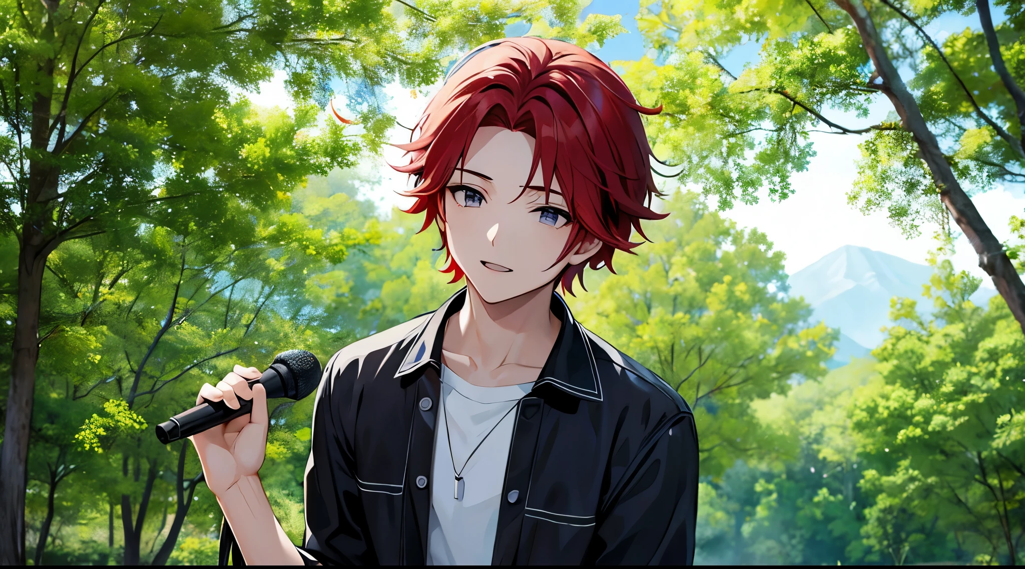 anime characters、boy、red hair、Singing in nature