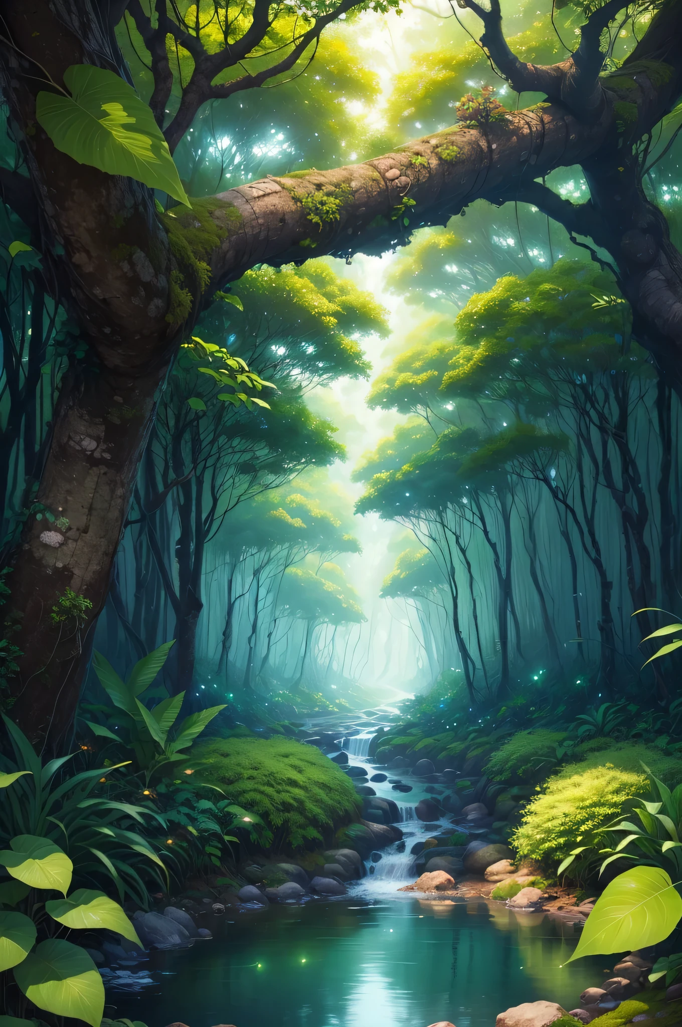masterpiece, best quality, (Very detailed CG unified 8k wallpaper), (Best Illustration), (best shade), Jungle theme natural elements. With the change of perspective, The whole picture shows different levels of green. Big trees are distributed on the left side of the picture, A calm stream flows through the center. There are mysterious passages made of leaves and branches on both sides of the stream., Surrounded by fireflies and particle effects. The whole picture adds to the aura of the jungle., (