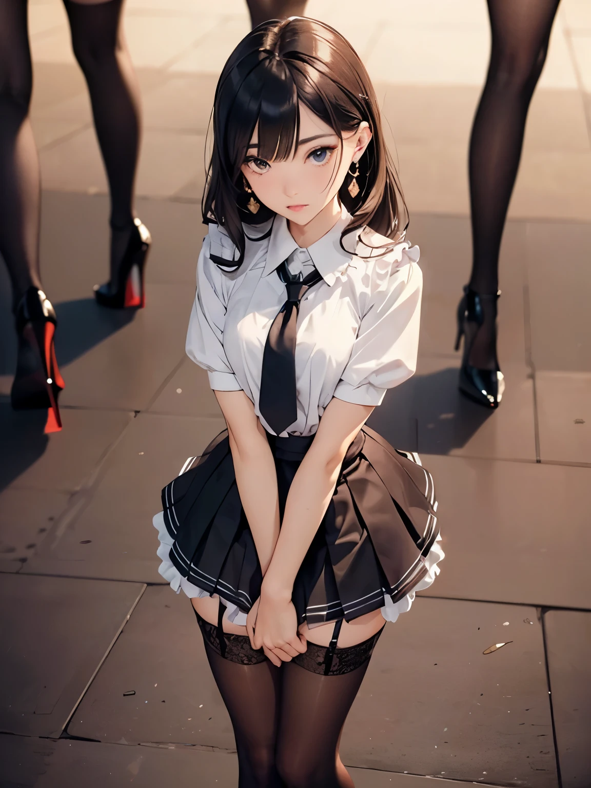 ((Biologically correct number of limbs))、(( Full body photo including face))、4K、((standing position))、masterpiece、((focus on the face))、((Symmetrical facial features))、Eyes with detailed description、Beautiful woman、outstanding style、beautiful arms、beautiful legs、beautiful hands、(small ass、thin thighs)、Detailed depiction of faces、small earrings、necklace、(Ruffled uniforms、skirt、high heels、stockings)、sideways glance、