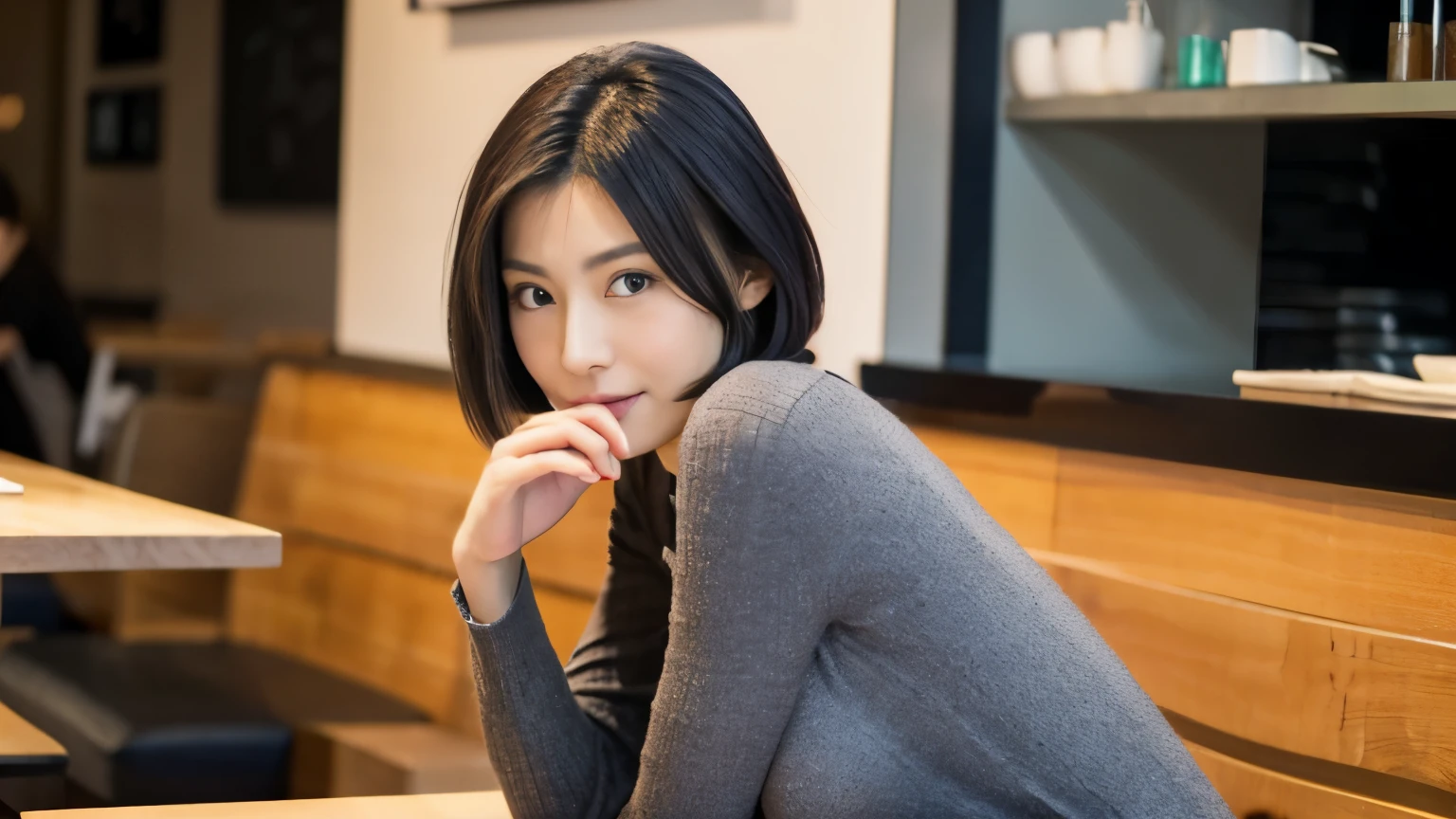 japanese woman, Beauty salon model 30 years old, slender body shape, small breasts, very thin waist, beautiful face, beautiful eyes, black short hair, She wears tight, Short gray knit dress with open back design., Sitting in a fashionable café, look back at you kindly, 1 girl, alone, detailed face and eyes, small fingers and arms. full body photo. realistic, realistic.