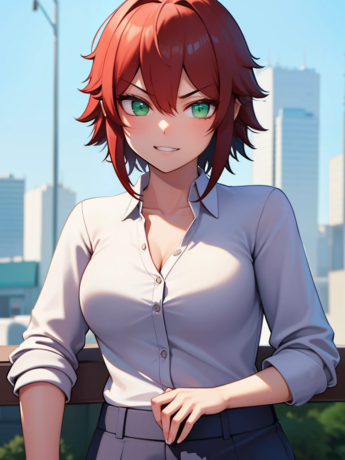 8k, best quality, masterpiece, ultra-detailed,1girl,solo,Sit down, smile ,half body photo,Angry expression,green eyes, short hair, eyes,red hair,white shirt,Long-sleeved shirt,black trousers,ultra detail, ultra HD