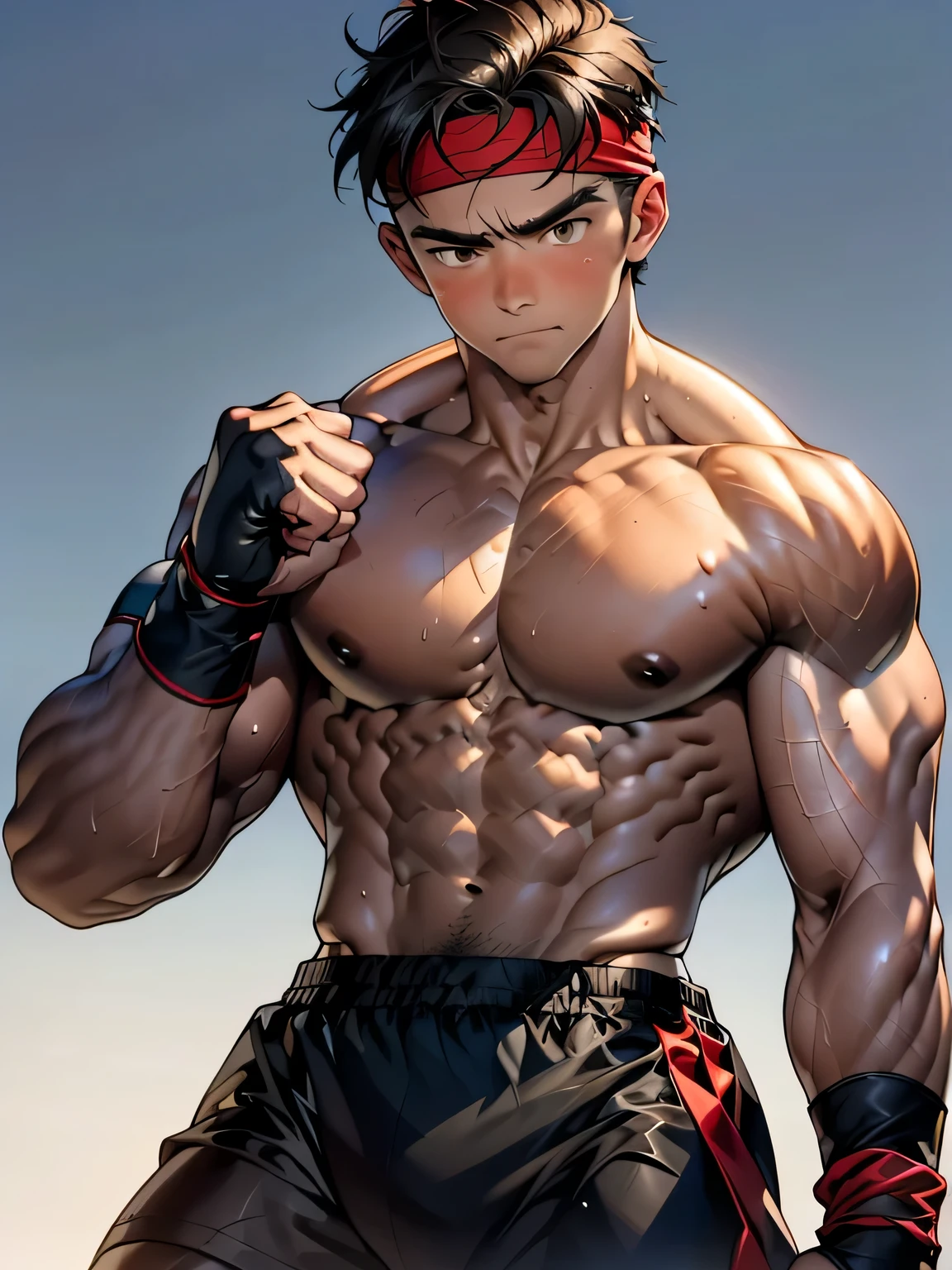 (Masterpiece, Best quality 19 year old boy, simple background, cowboy shot), solo, Young, boy, full bodyesbian, muscler, Shirtless, topless, (Dark Short straight hair, under cut, brown eyes), (red headband, ((black wristband))), Vivid colors, (hot Abs, abs!, big abs, big breast, chest!, muscler upper arms), (topless male), closed mouth, serious, muscler!, muscler body, Man with martial arts stance, (((epic punching pose)))