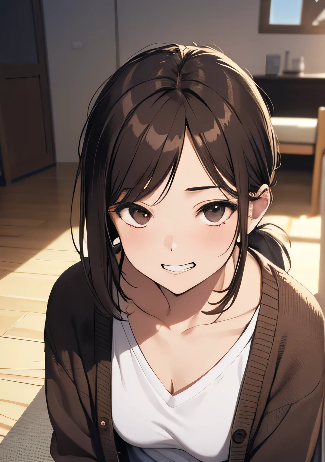 Masterpiece, High Resolution, High Definition CG Unity 8K,Realistic, RAW Photo, Beautifully Detailed Face, Detailed Hair Texture, Beautiful Face, Anatomically Correct,
 (Small Eyes:1.2),(Single Eyelid),(Cute Eyes:1.2),(Droopy Eyes:1. 2), (Beautiful clavicle),(Brown Hair),( medium hair),(low ponytail),(asymmetrical bangs:1.2),
((sit on the living room floor)),(darkness:1.2),
(wearing a white V-neck T-shirt with a dark brown cardigan on top:1.3),
(nose blush:0.5),(sulky:1),(grin:1.2),
face focus,(hip level shot),