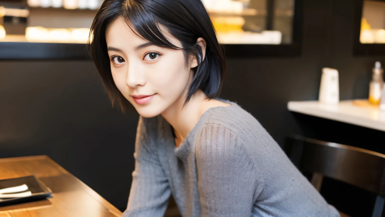 japanese woman, Beauty salon model 30 years old, slender body shape, small breasts, very thin waist, beautiful face, beautiful eyes, black short hair, She wears tight, Short gray knit dress with open back design., Sitting in a fashionable café, look back at you kindly, 1 girl, alone, detailed face and eyes, small fingers and arms. full body photo. realistic, realistic.