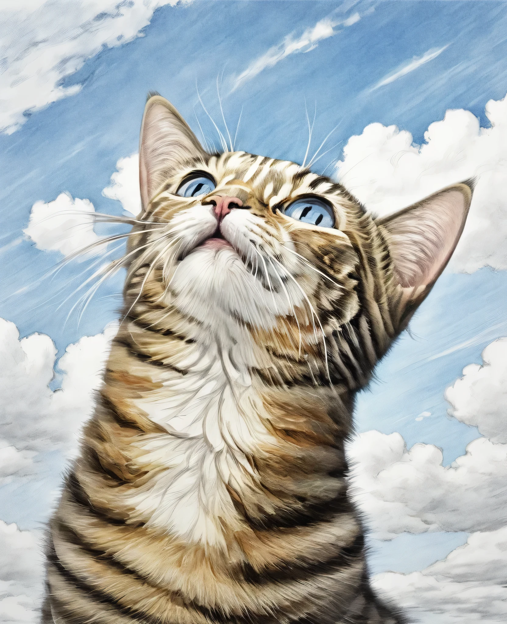 (PE pencil drawings:1.6),  calico cat and blue sky、spring sky and beautiful cat、Landscape photography of vast fields、（A view from below of the sky and the wilderness below）、Cat looking up at the blue sky and raising its right hand、Draw a big picture of the sky、table top、highest quality