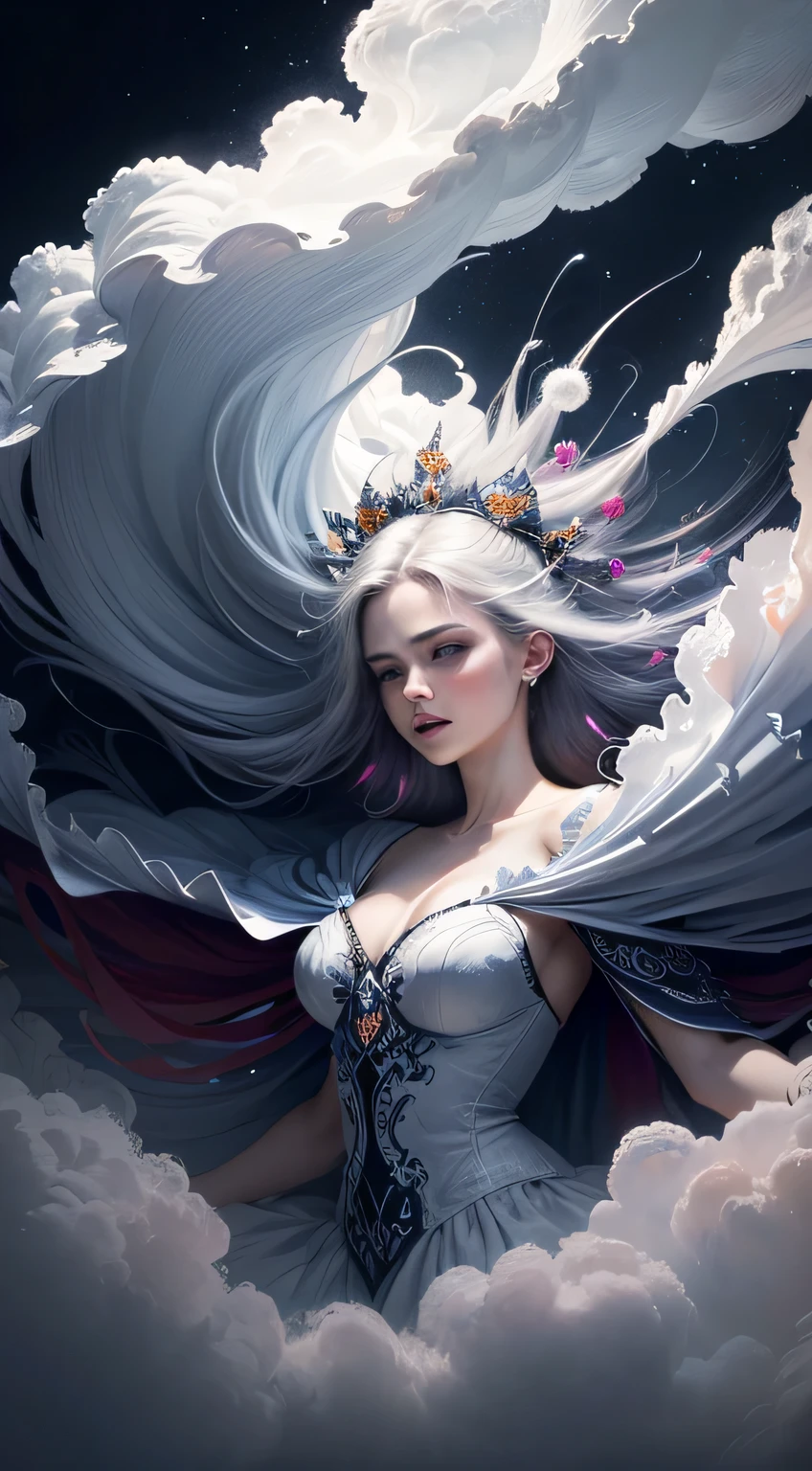 (((White Cloud Background))), (((High Saturation))), ((Surrounded by Color Splashes)))) Ultra Detailed, Beautiful and Aesthetic, Masterpiece, Best Quality, (Zentangle, Mandala, Tangled, Entangle), (Fractal Art: 1.3), (((1girl, Very Detailed, Dynamic Angle, Cowboyshot, Most Beautiful Forms Chaotic))), Elegant, Fauvist Design, Bright Colors, Romanticism, Michal Mraz, Adrian Ghenny, Petra Courtwright, atmospheric, ecstatic notes, flow notes visible