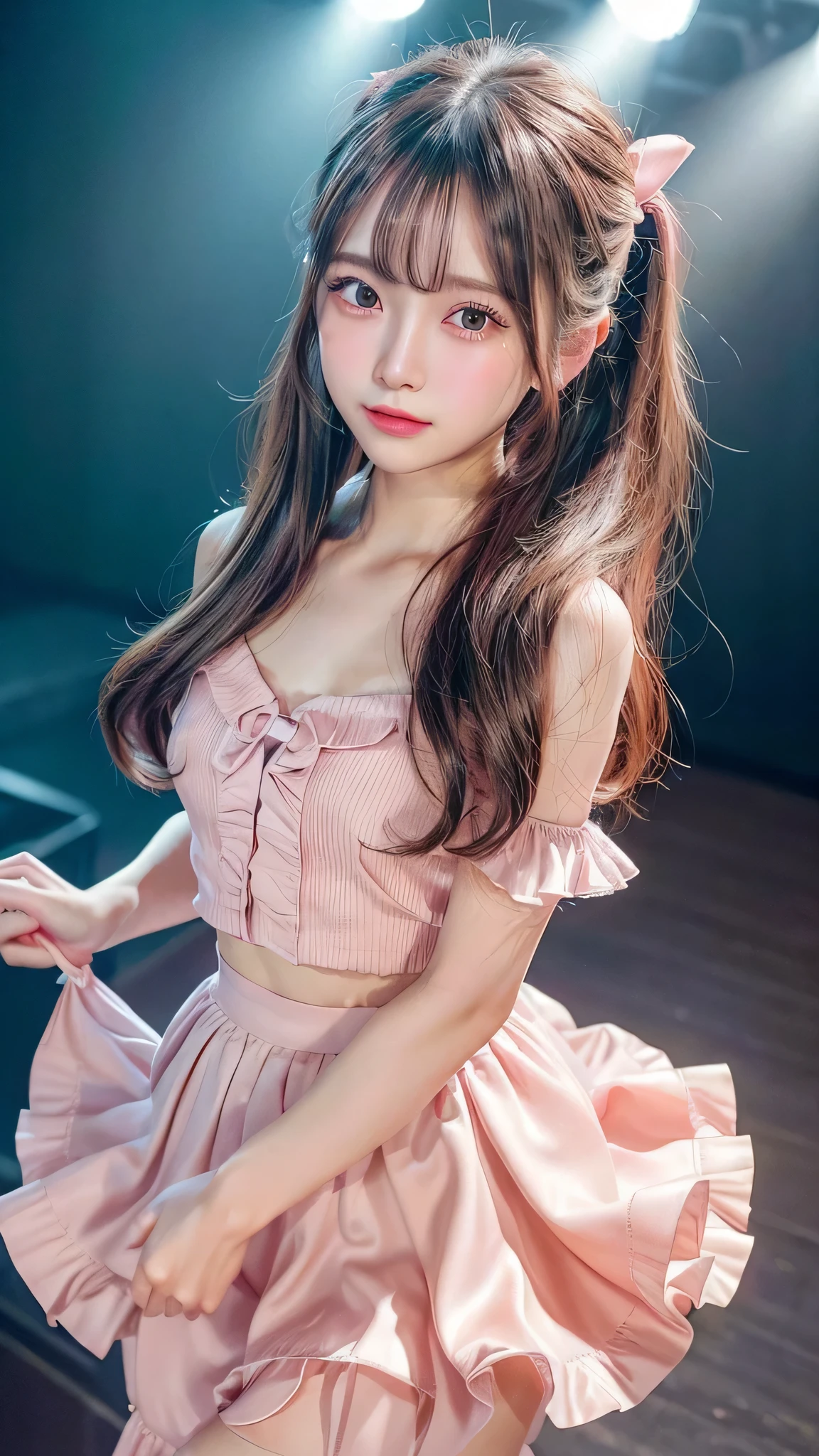 blush,small breasts,,long hair ponytail,singing on stage,close up of face,((8K, Raw photo, best quality, muste piece:1.2), (Reality, photorealistic:1.4), (Highly detailed 8K wallpaper), Depth of the bounds written, cinematic lighting, soft light, detailed beauty eye,Shiny and smooth light brown ponytail, asymmetrical bangs, shiny skin, super detailed skin ,high resolution, high detail, detailed hairstyle, detailed beauty face, hyper real, perfect limbs, perfect anatomy ,1 Japanese girl,famous japanese idol, perfect female body,shy smile,short eyelashes,double-edged eyelids,look straight here,Hair style is ponytail、Pink colored long dress with lots of ruffles, softly shaped skirt, standing on stage,pink ribbon on head,She wears a long skirt with lots of frills.,Neat clothes