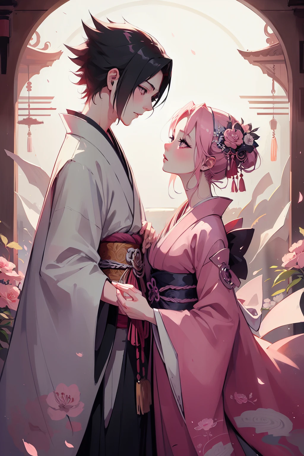 Sasusaku. Sasuke, the tall, handsome man with chiseled features, piercing black eyes, and black hair. He's wearing a kimono, he's a prince. The woman is sakura, equally stunning with soft features and delicate features, her hair is short and pink that falls elegantly around her face, adding to her romantic and dreamy appearance. She is wearing a kimono. The couple is in a ceremony at a temple. hands down.