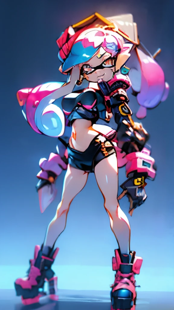 masterpiece、highest quality、High resolution、4k、1 beautiful girl、girl、splatoon inkling, tentacle hair、ink bomb、(((whole body)))、silver tentacle hair、ponytail tentacle hair、Large pink ribbon、sharp outline、golden eyes、Big eyes、cute eyes、open mouth smile、cheek、Lipstick、slender body、super big breasts、cleavage、pointed earicro mini skirt、Large accessories、outdoor、sexy dynamic pose、figure、Mecha