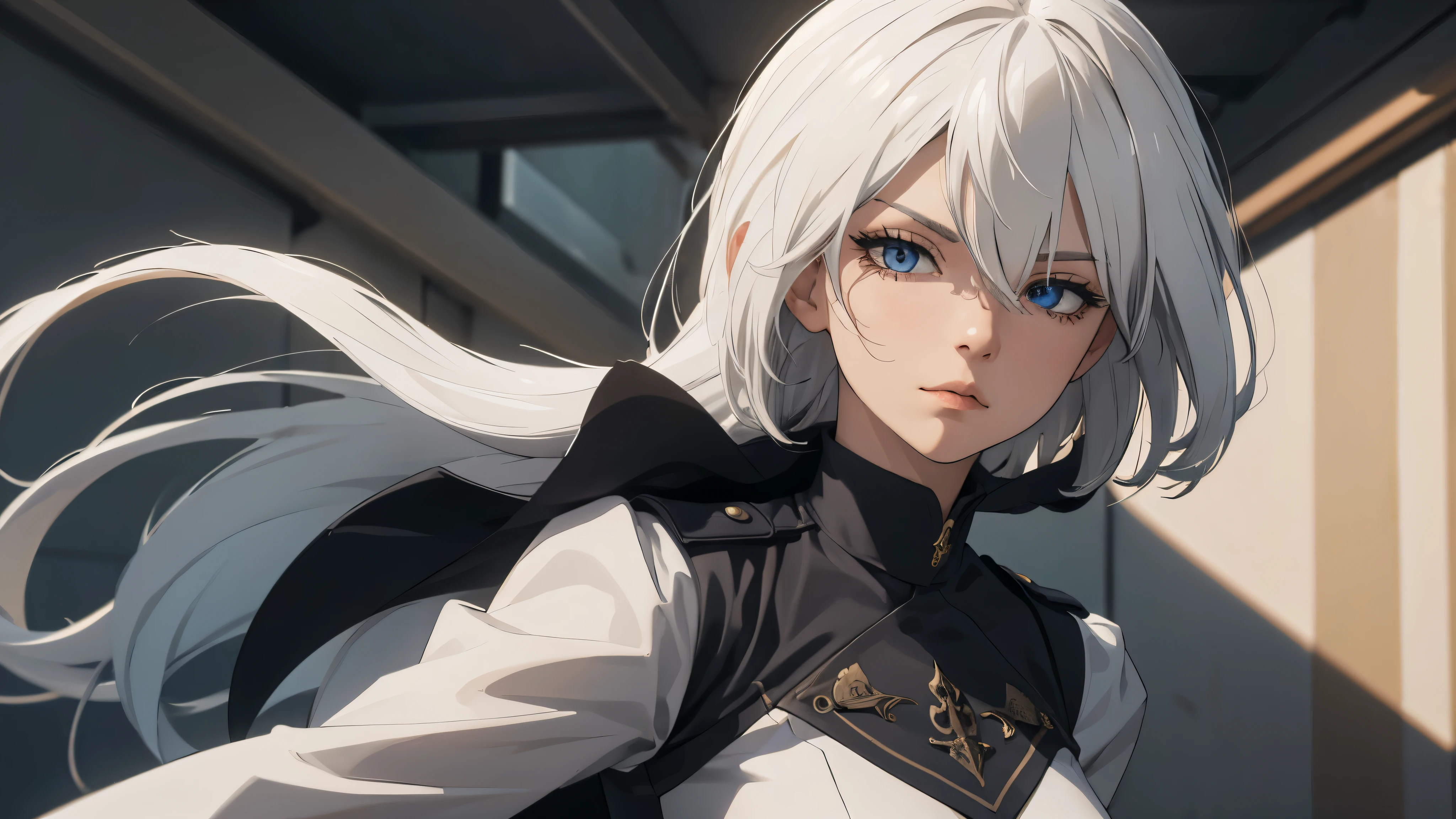 (extremely detailed CG unity 8k wallpaper), (masterpiece), (best quality), (ultra-detailed), (best illustration), (best shadow), (absurdres) ,(detailed eyes), 2b, 1girl, long hair, white hair, solo, Intimidating women, admiral uniform, night, hero pose, white clothes, General Uniform, Military Uniform, Sunlight, exposed to sunlight,commander, fighting pose, wearing cape