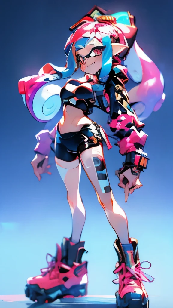 masterpiece、highest quality、High resolution、4k、1 beautiful girl、girl、splatoon inkling, tentacle hair、ink bomb、(((whole body)))、silver tentacle hair、ponytail tentacle hair、Large pink ribbon、sharp outline、golden eyes、Big eyes、cute eyes、open mouth smile、cheek、Lipstick、slender body、super big breasts、cleavage、pointed earicro mini skirt、Large accessories、outdoor、sexy dynamic pose、figure、Mecha