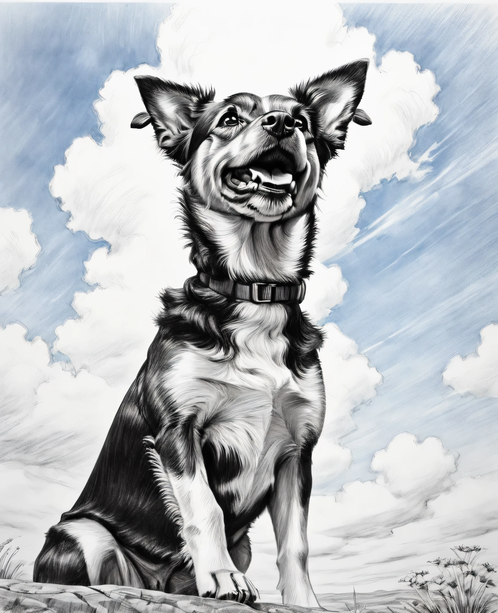 (PE pencil drawings:1.6), Terrier dog and blue sky、spring sky and beautiful dog、Landscape photography of vast fields、(A view from below of the sky and the wilderness below)、Terrier dog jumping looking up at the blue sky、Draw a big picture of the sky、table top、highest quality