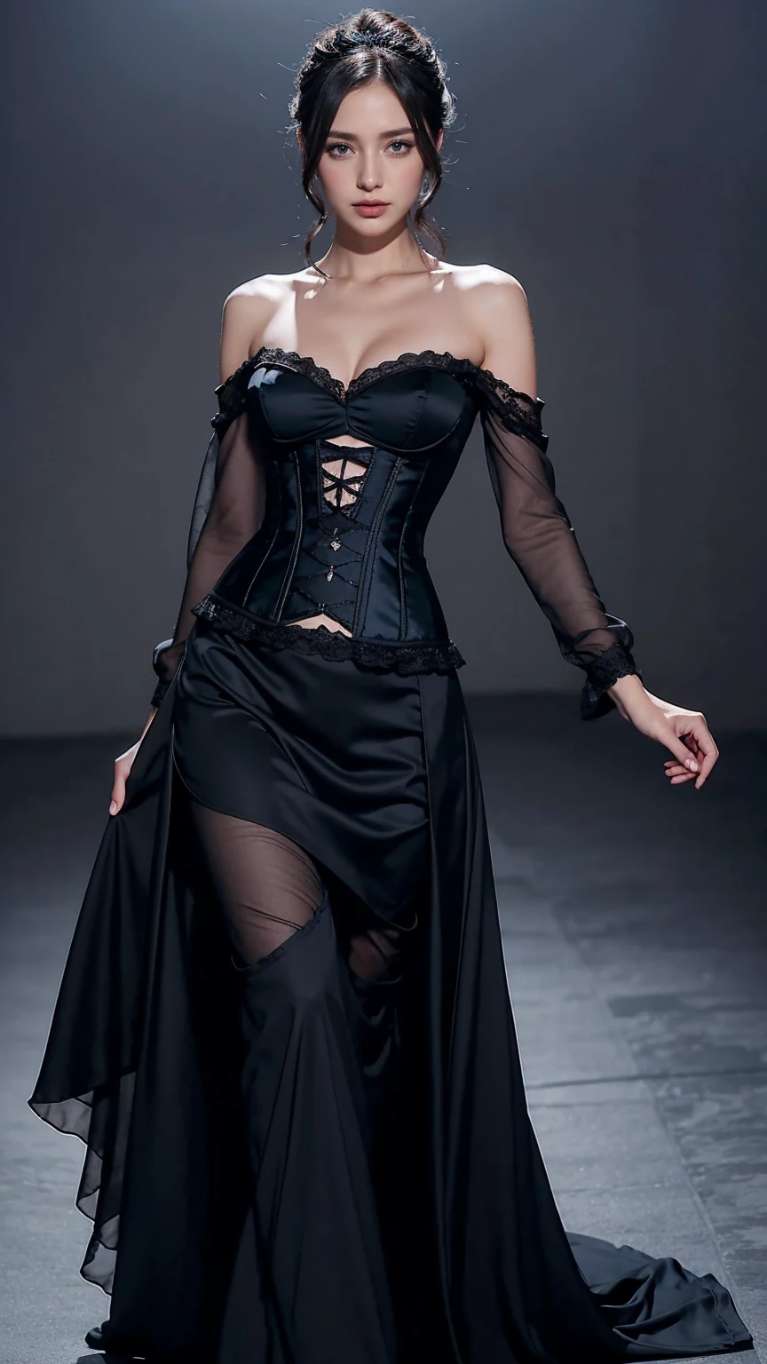 "Elegance meets allure: a midnight blue satin corset top with lace trim paired with a flowing black chiffon asymmetrical skirt. The corset enhances the waist, while the skirt adds grace. Accessorize with silver accents for a sophisticated finish."