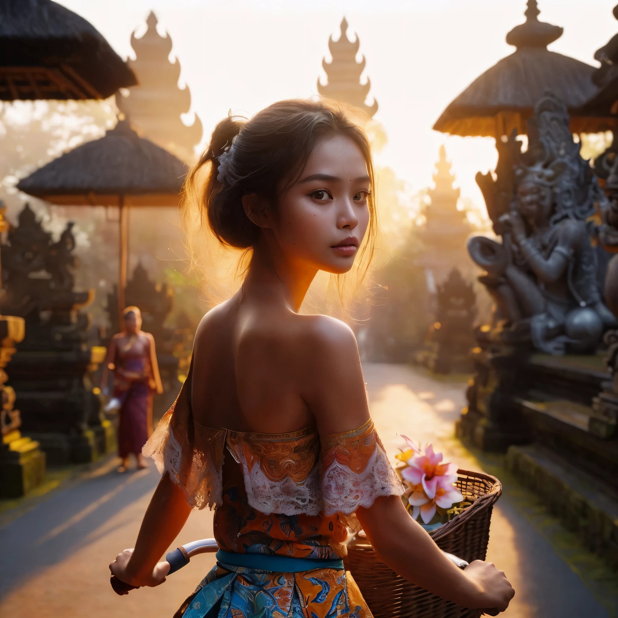 8k Uhd, Dslr,Film Grain, Fujifilm XT3,(Best Quality:1.3), (Masterpiece:1.1), ((face detail)) High Resolution, Cinematic Light, Intricate Details, (Photorealistic) create a realistic backlight photography of sacred magical exotic scenery of bali temple in the morning breeze, there are local balinese beautiful girl ((detail pretty exotic indonesian malay face)) wearing open shoulder local traditional batik cloths ride a old bicycle