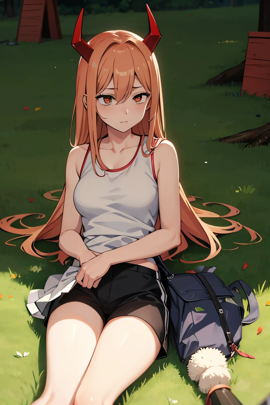 power, chainsawman anime, red horns, yellow hair, laying on the grass, white tank top, black shorts