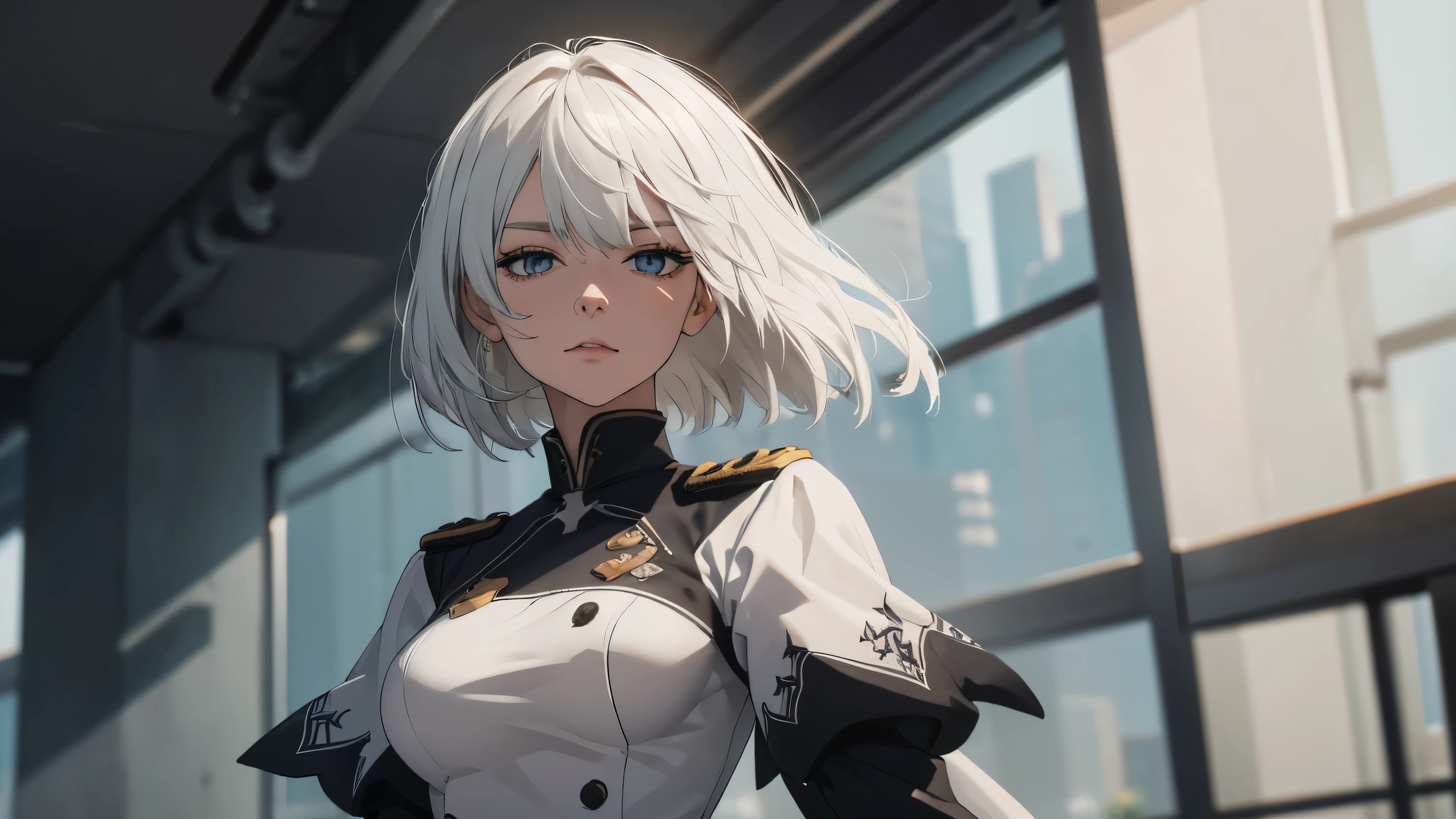 (extremely detailed CG unity 8k wallpaper), (masterpiece), (best quality), (ultra-detailed), (best illustration), (best shadow), (absurdres) ,(detailed eyes), 2b, 1girl, long hair, white hair, solo, Intimidating women, admiral uniform, night, hero pose, white clothes, General Uniform, Military Uniform, Sunlight, exposed to sunlight,commander, fighting pose, wearing cape