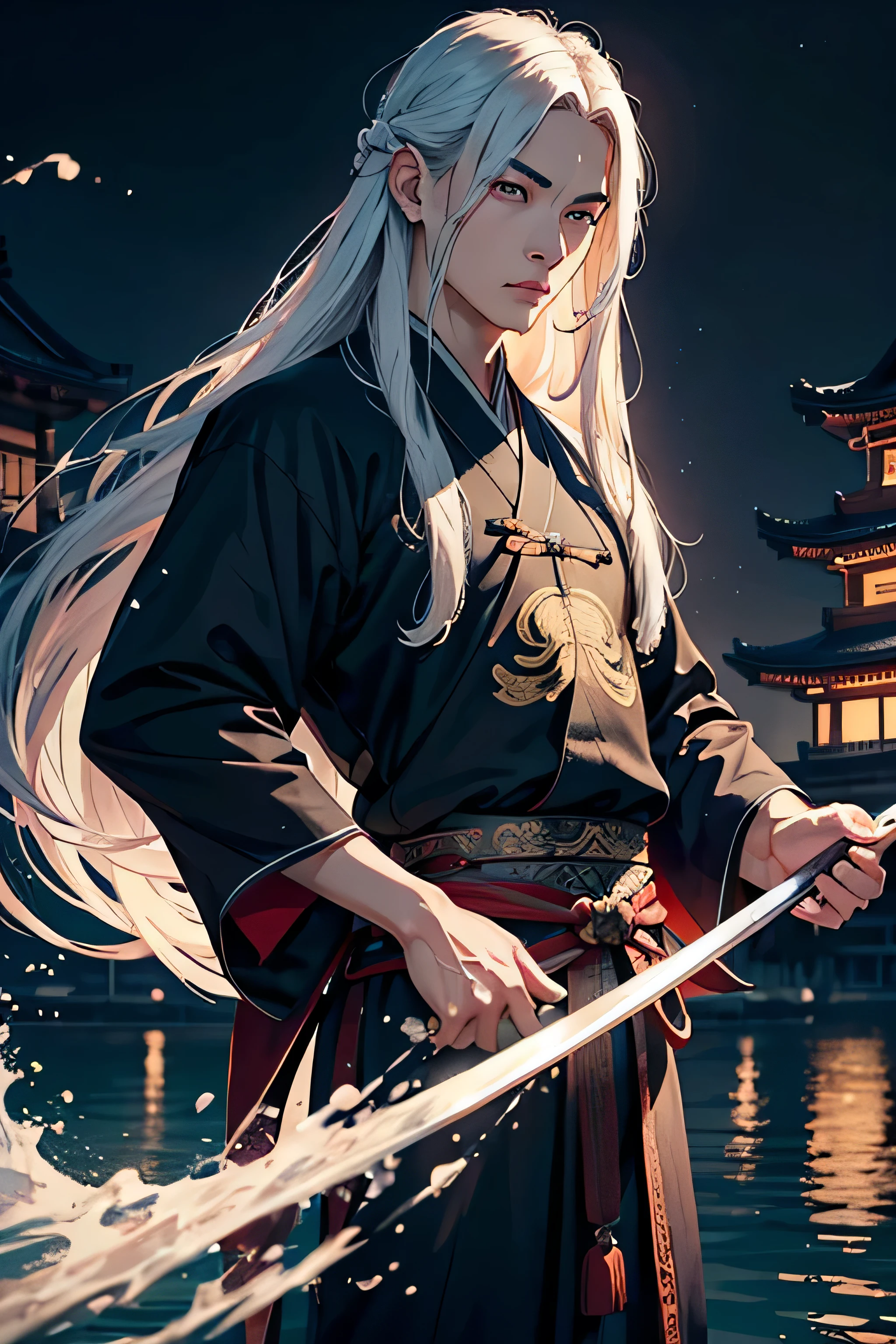 Best Quality, Masterpiece, Ultra High Resolution, (Realism: 1.4), Original Photo, 1boy, manly handsome, ancient chinese vibes, long white hair, dark blue eyes, wearing ancient chinese clothes, water vibed katana, tokyo vibed ancient city background