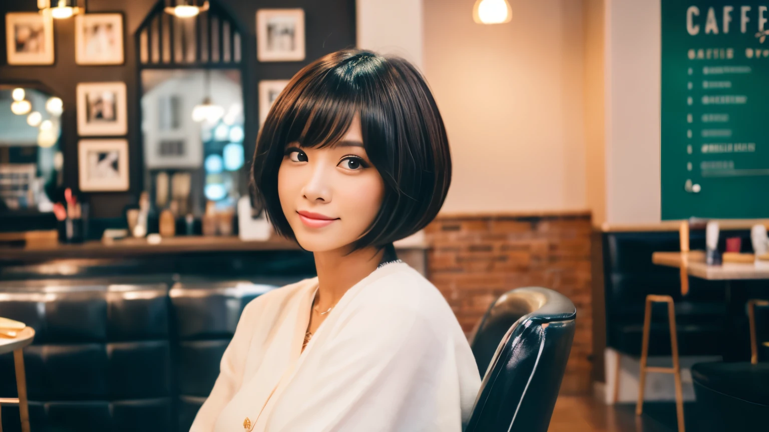 ,beauty salon model,haircut model woman,Photographed inside the cafe,Stylish cafe in New York, fashion model