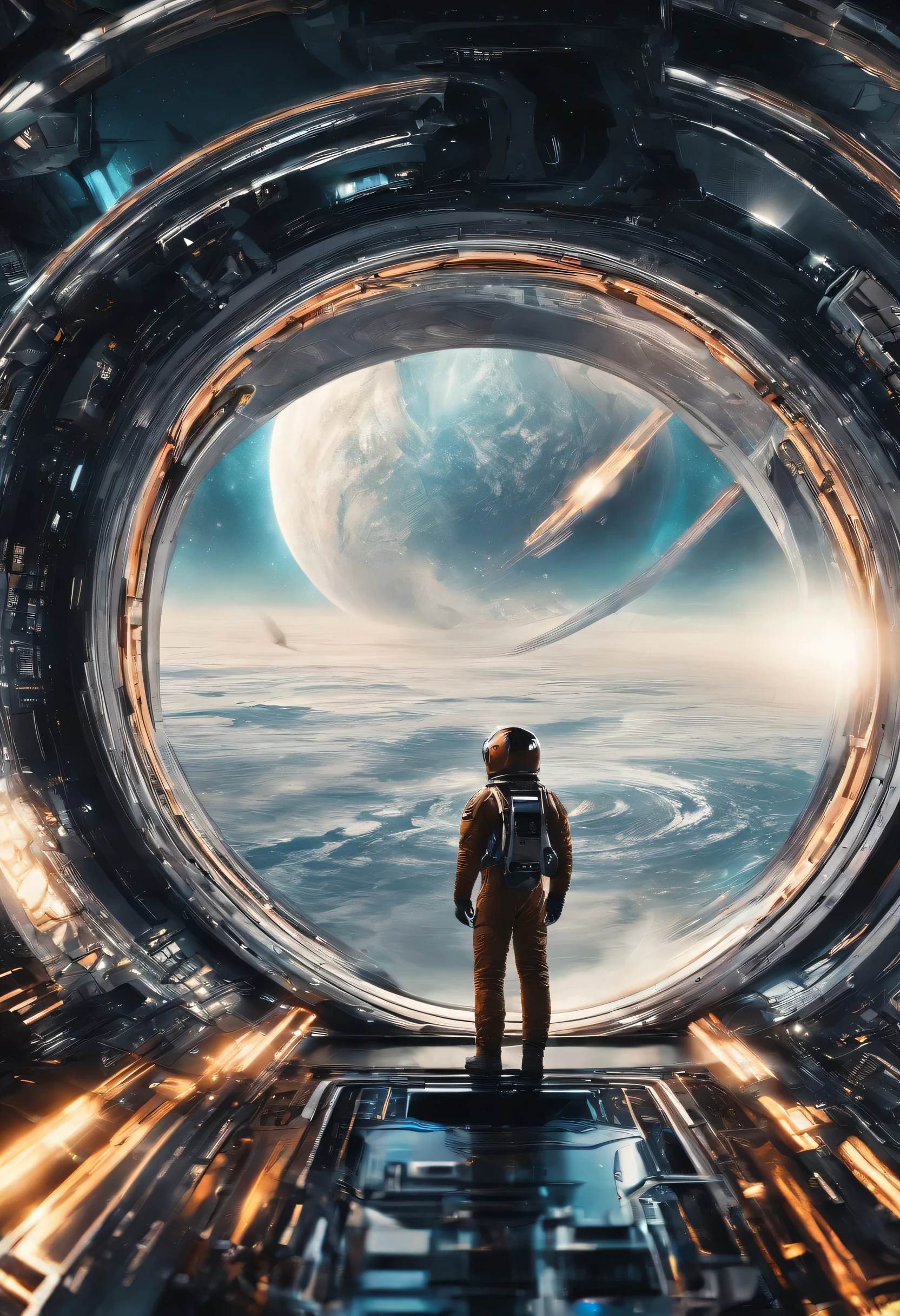 In Interstellar, an astronaut travels through a black hole in an interstellar universe，((Masterpiece))，(Best quality))，Magnificent space image scene