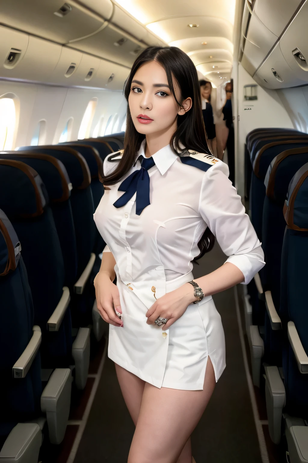 ((masterpiece, best quality)), beautiful 40-year-old Malay woman (Chloe Grace Moretz:Milla Jovovich:0.5), (brown- black hair, bob hairstyle, square face), (big breasts), (curvy, muscular body), (natural skin), legs, (plunging stewardess uniform:1.3), (seductive expression:1.2), jewelry, standing, various poses, empty passenger plane cabin background, (UHD, 8K wallpaper, High resolution), Cinematic lighting, physically-based rendering, award-winning, extremely detailed skin, extra detailed face, high detail eyes, Carl Zeiss 85 mm F/1.4, by Ellen von Unwerth