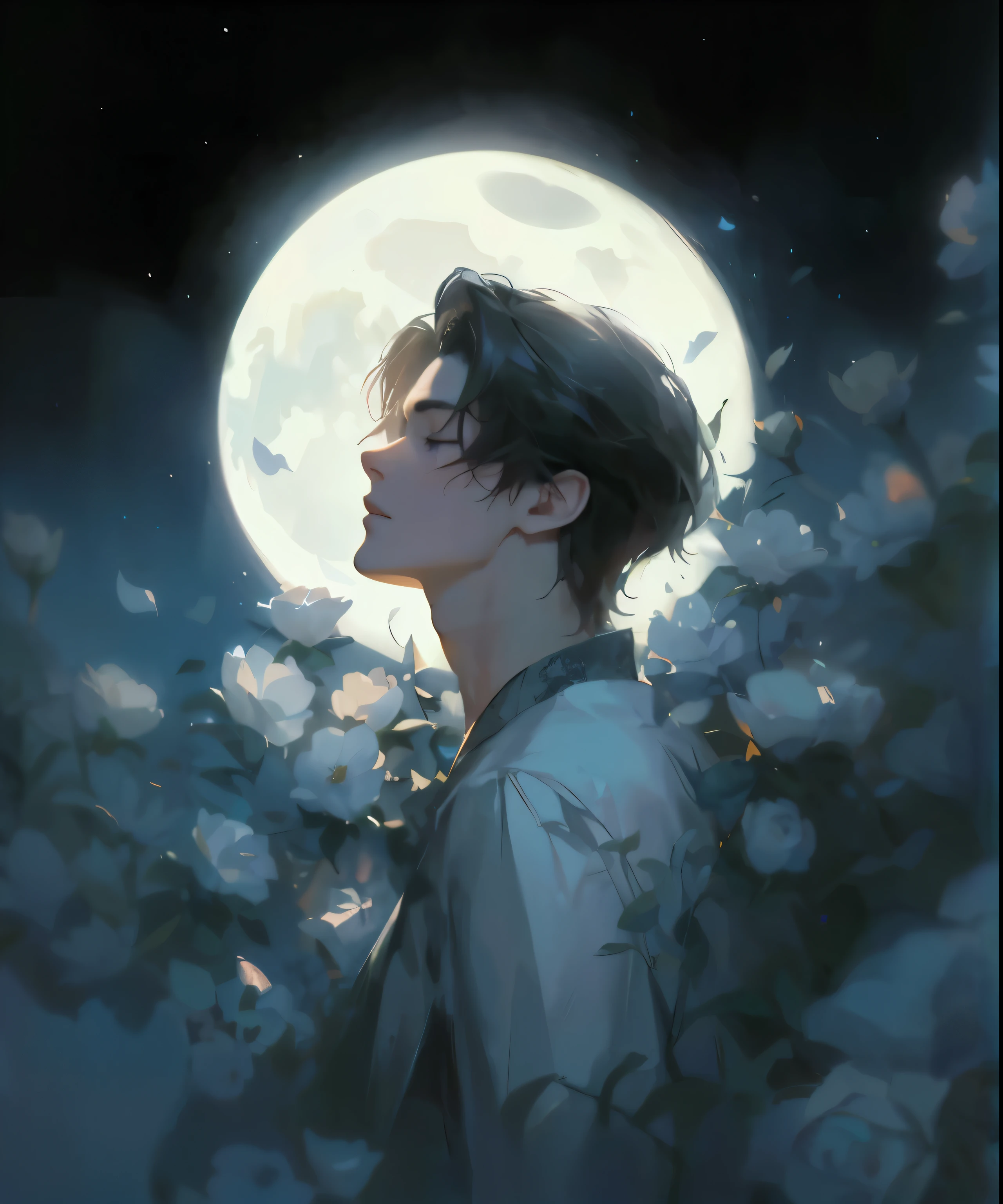 Anime boy holding flowers before full moon, guweiz style artwork, guweiz, inspired by Yanjun Cheng, Gurwitz Masterpiece, author：Yang Jie, The moon is behind him, rostlan style, by Yanjun Cheng, by Ye Xin, Handsome guy in the art of slaying demons, Inspired by Bian Shoumin, ross tran style