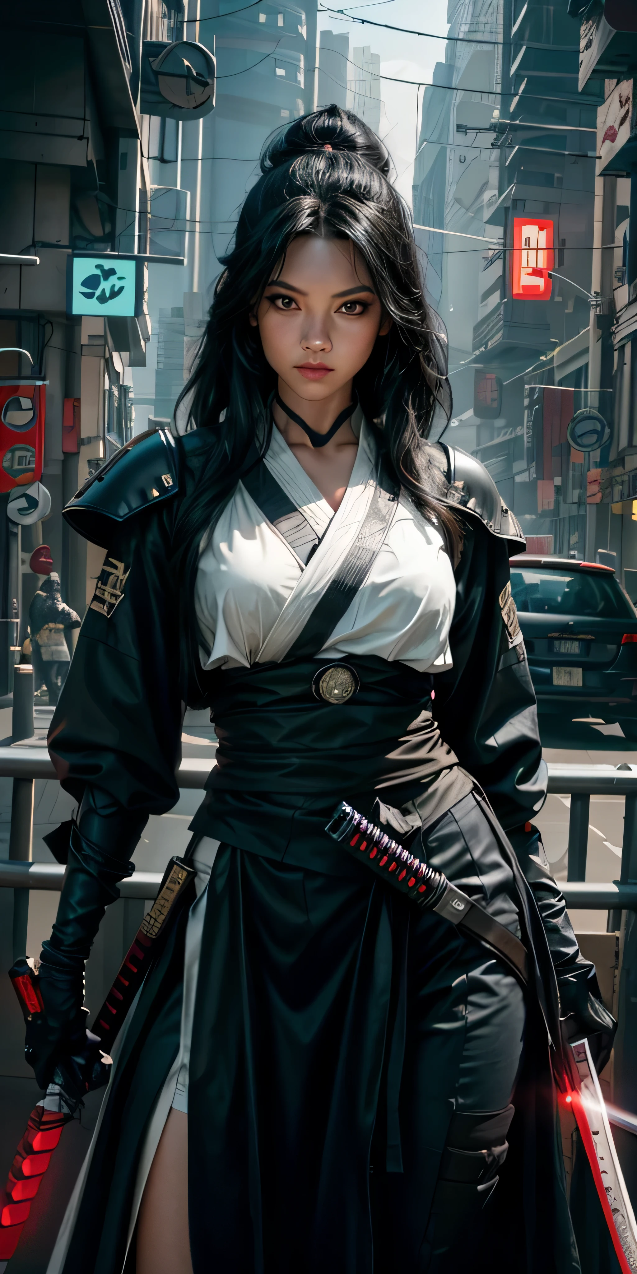 photorealistic, high resolution, soft light,1women, solo, hips up, (detailed face), black long hair, cybersamurai, cyborg, cyberpunk,  cyber armor, holding weapon,glowing,on the street , kimono , sniper looking at the target, katana